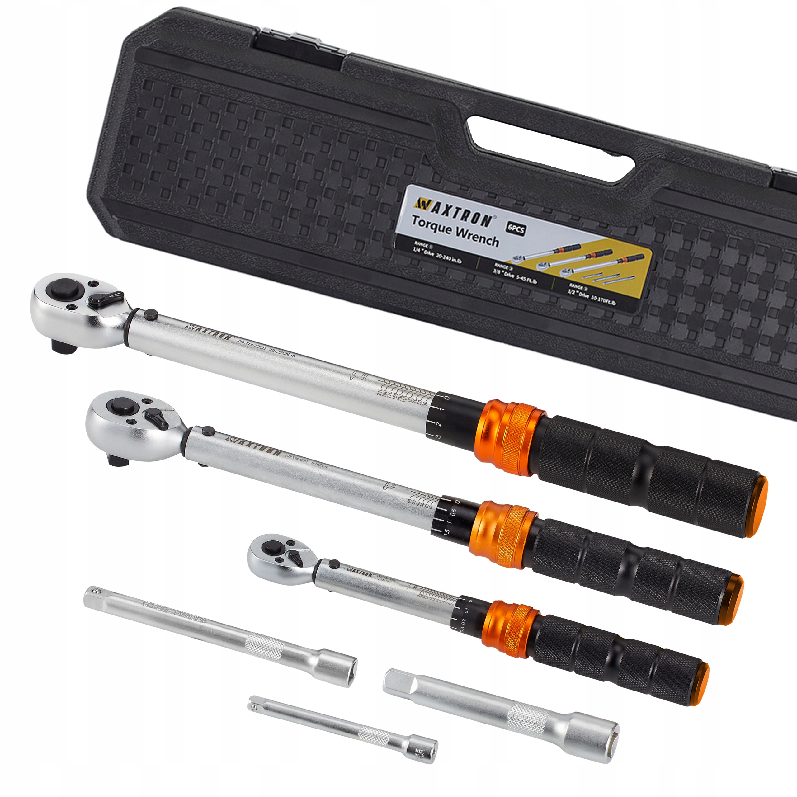 Sada momentových klíčů Waxtron 1/4", 3/8", 1/2", 1-220 Nm, 6 ks s nástavci