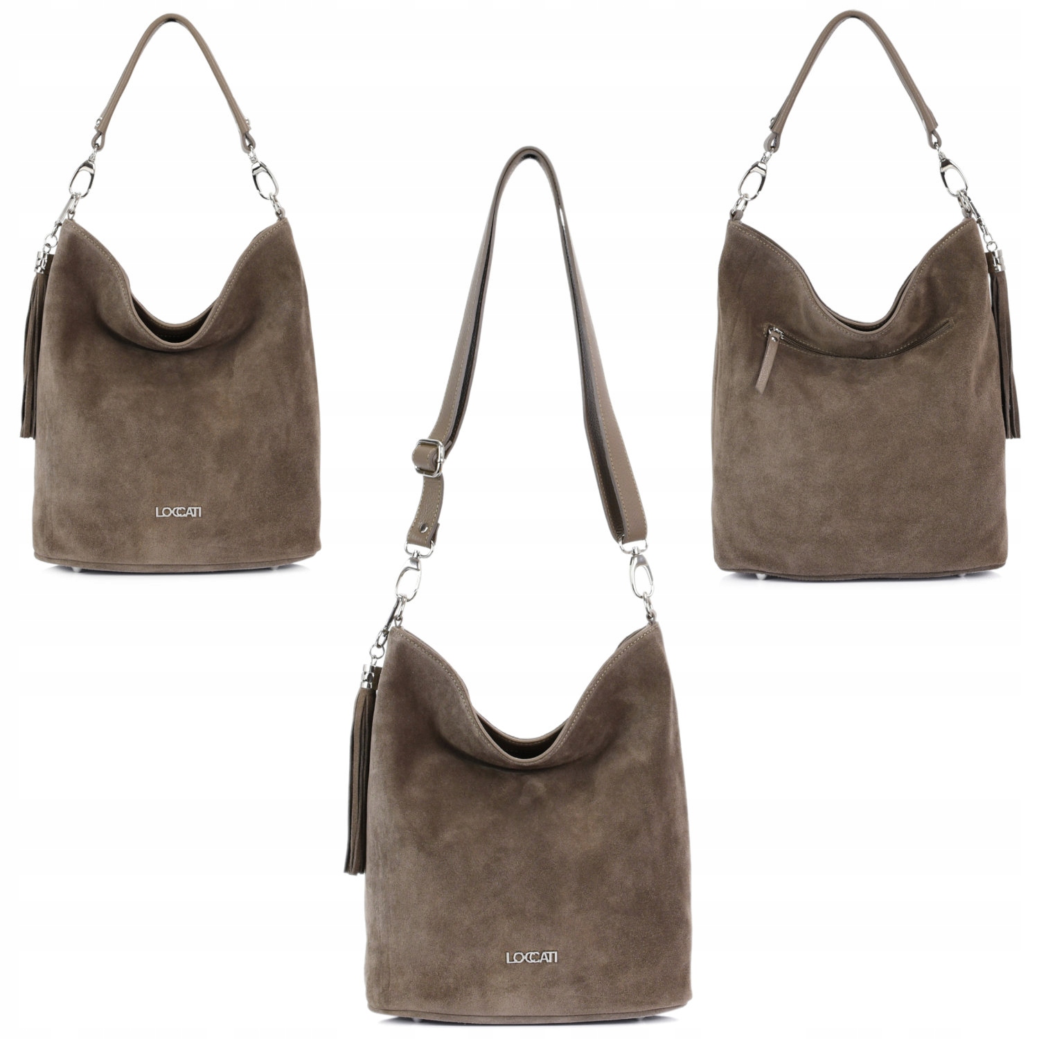 Modna torebka zamszowa taupe worek listonoszka 2w1 Marka Loccati