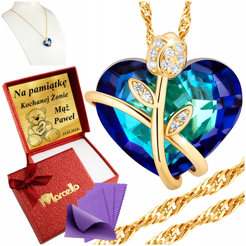 Złoty Łańcuszek 925/585 Naszyjnik Kryształ Serce Róża Dla Kobiety Grawer