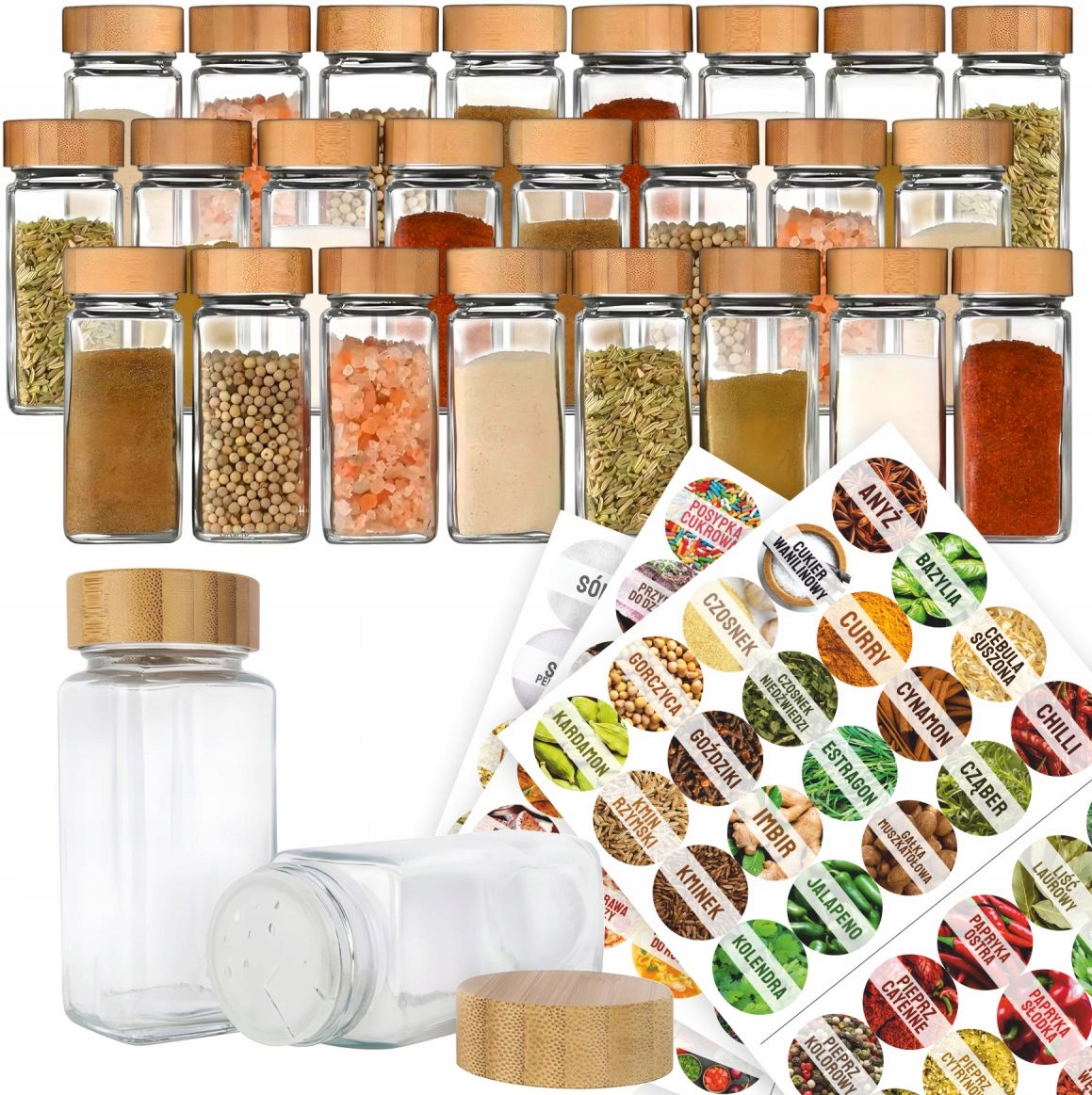 Słoiki Na Przyprawy 24szt Pojemniki Słoiczki Bambusowa zakrętka naklejki