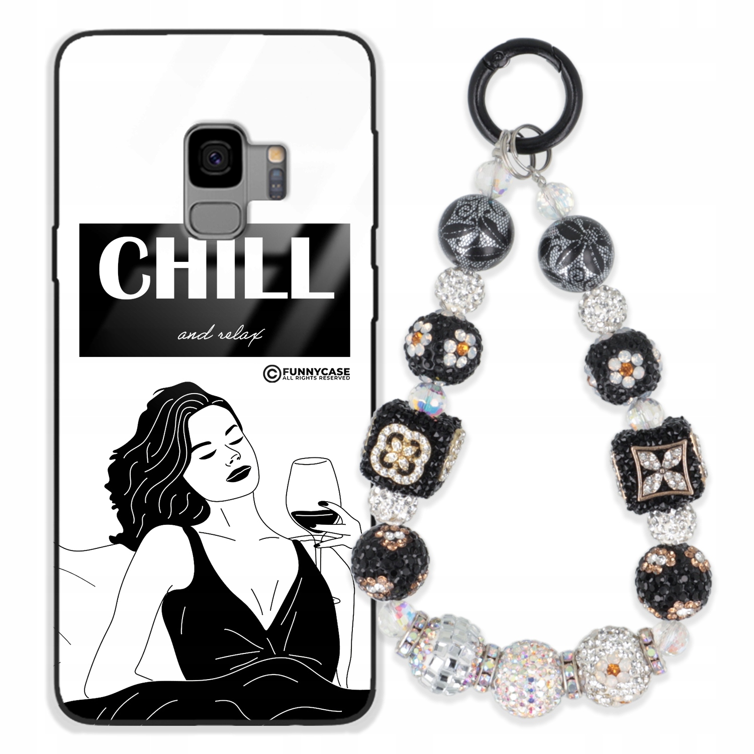 Puzdro Na Samsung S9 Glass Ženské Čierno-biele Strieborný Prívesok S Zirkónmi