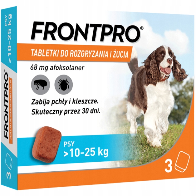 Frontpro Na Pchły I Kleszcze Dla Psa 10-25kg 68mg do rozgryzania żucia 3tab