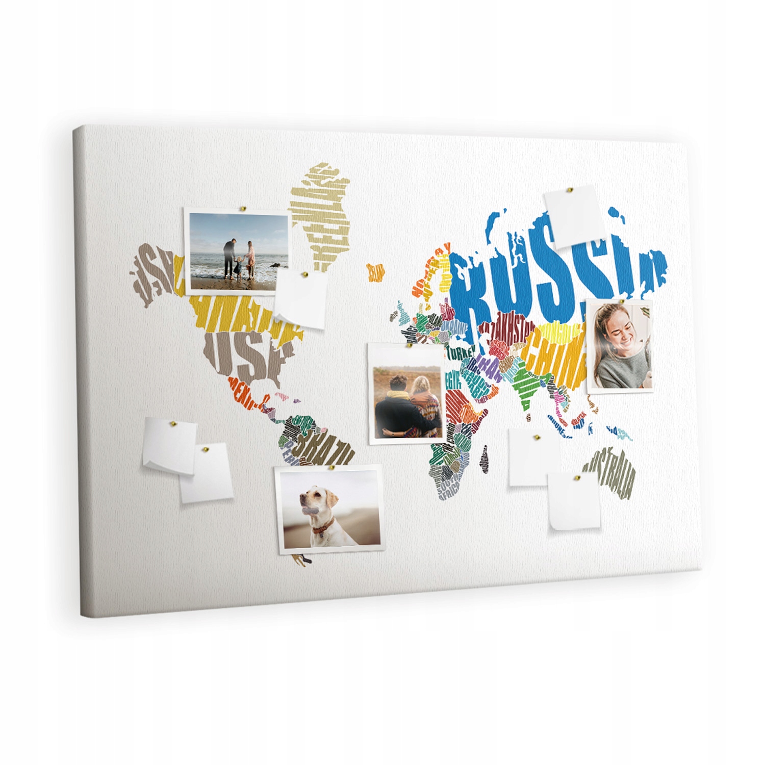 Dekorativní obraz Korková tabule Textová mapa světa 120x80 cm Připínáčky