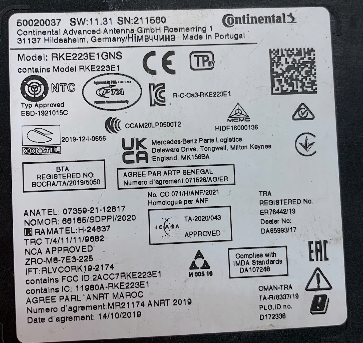 MERCEDES S-KLASA 223 modulo ANTENY KEYLESS A2239051109