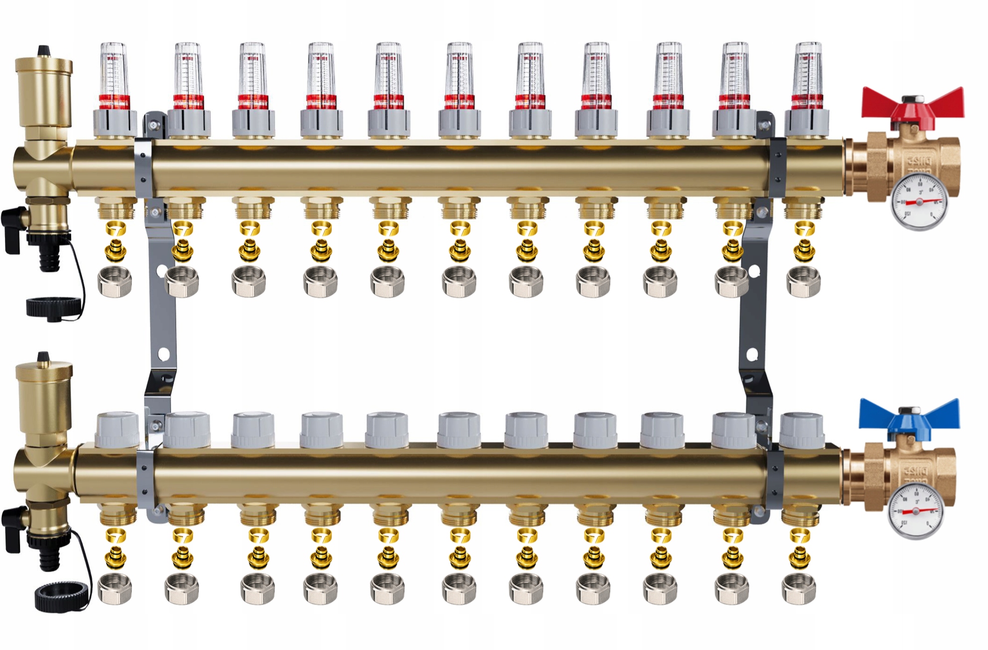 Rozdělovač Pro Podlahovku 11 Okruhů Jednoduchý Kulový Ventil Teploměr Pex