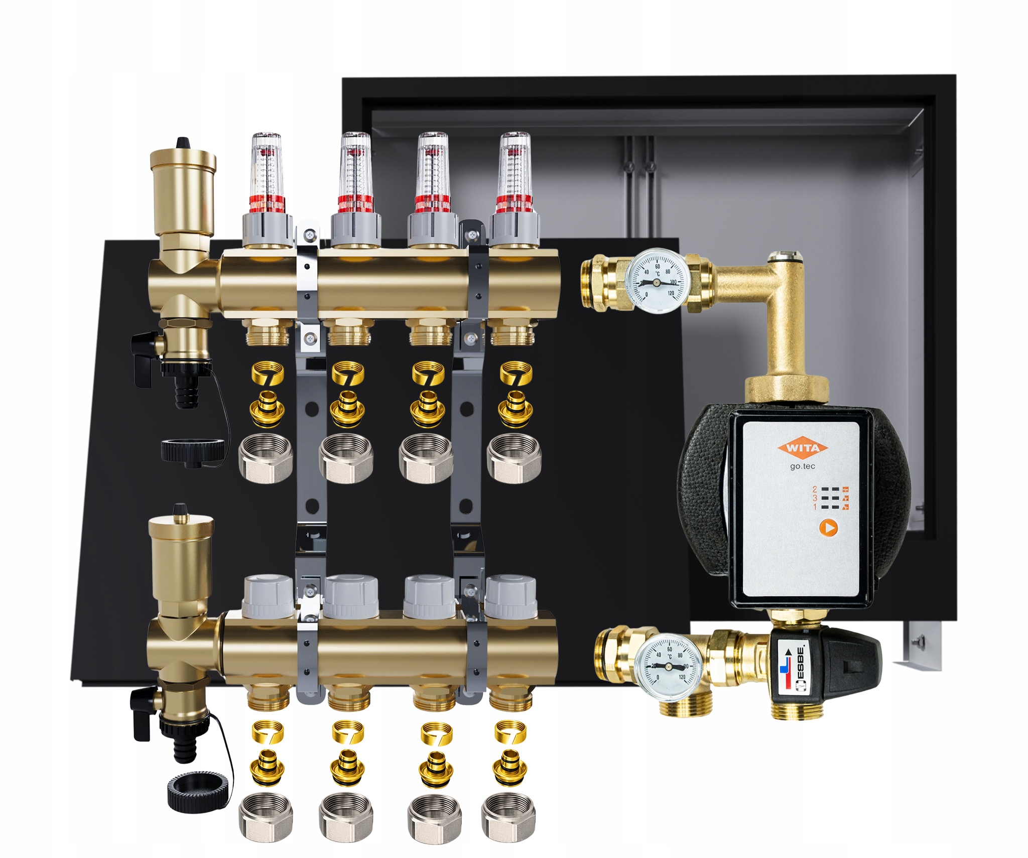 Rozdělovač pro podlahu 4 okruhy s čerpadlem Wita podomítková skříňka Pex