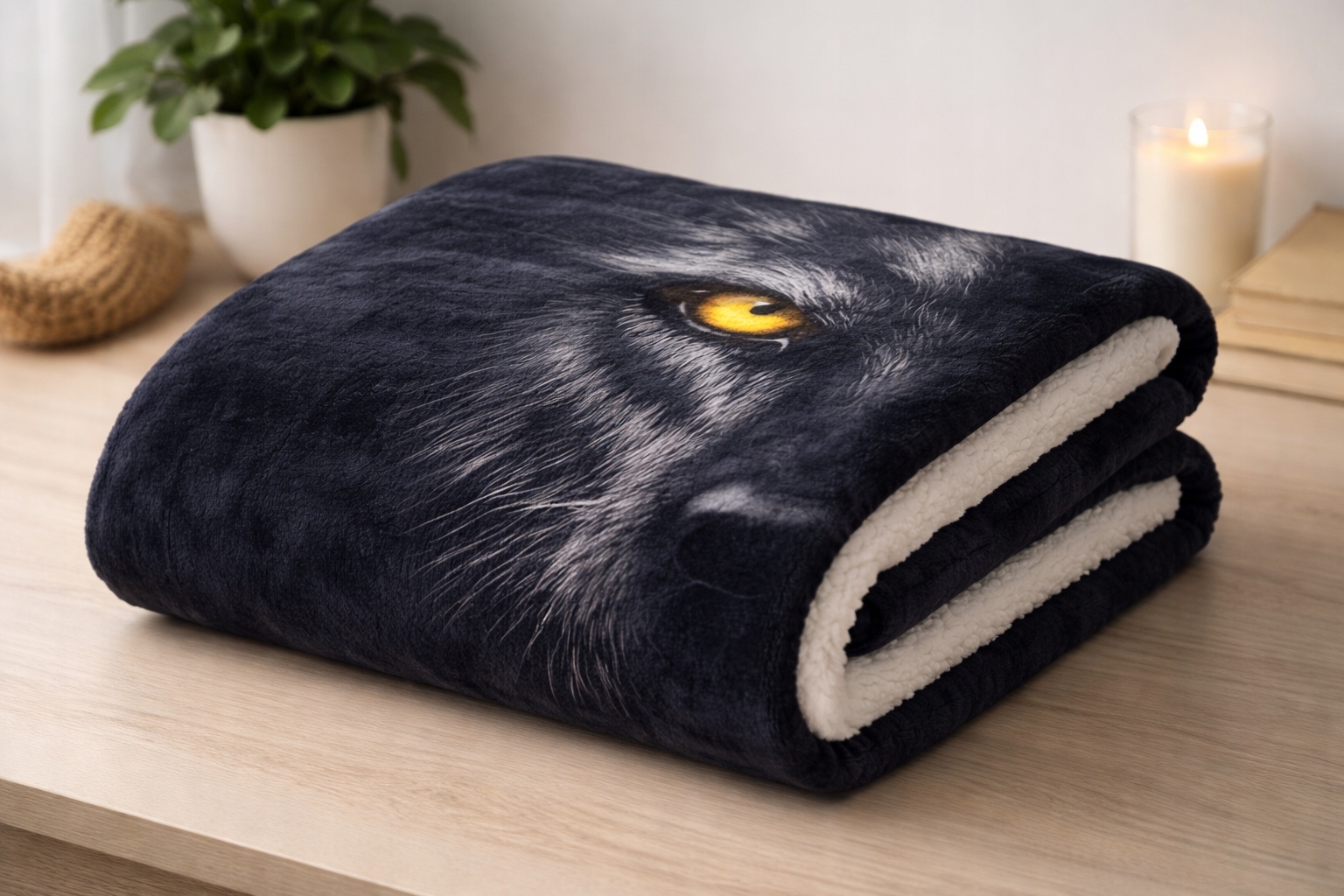 Koc z wilkiem 150x200 cm miękki ciepły premium sherpa dwustronny
