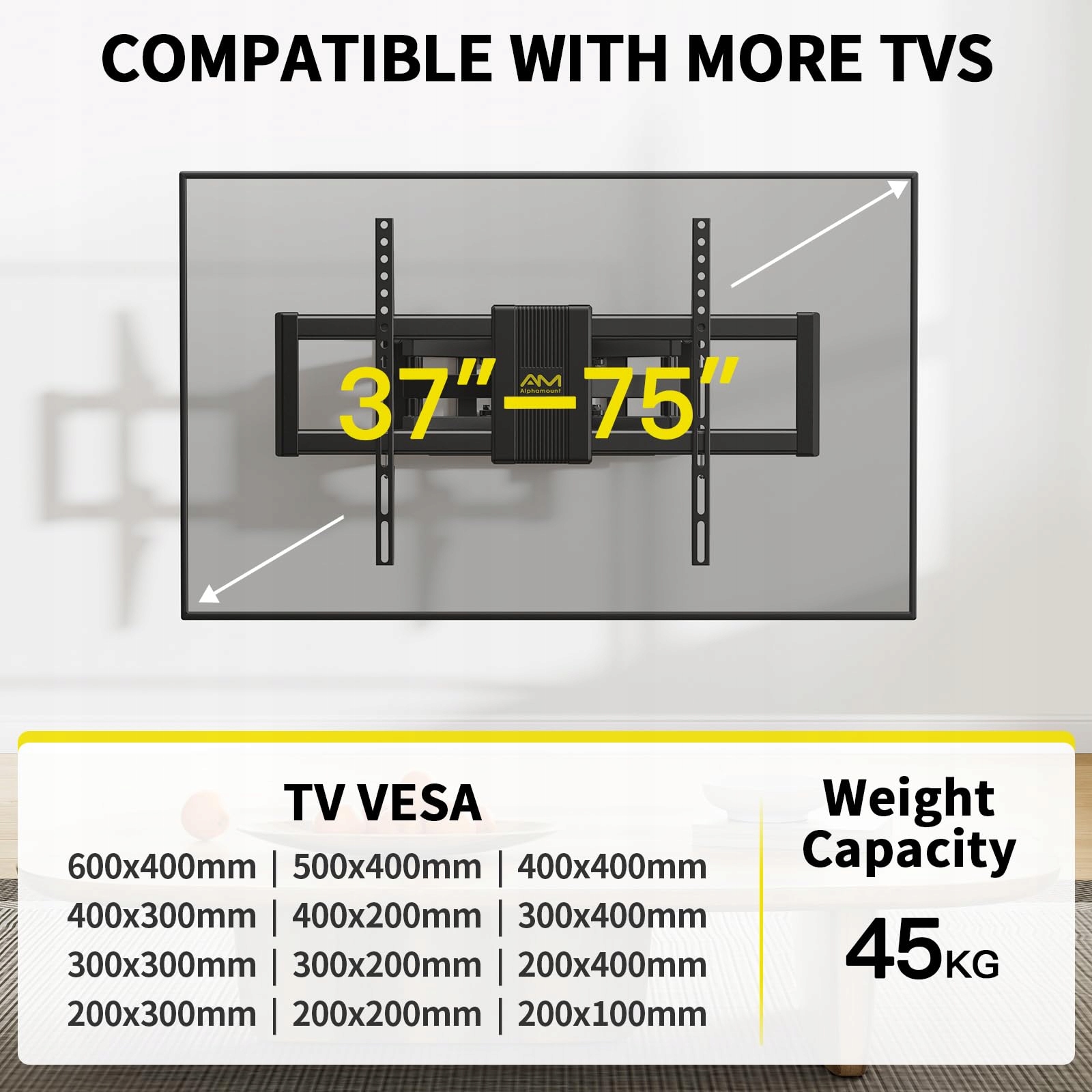 ALPHAMOUNT TV Wall Mount 37-75" Tilt 45kg VESA 200x100-600x400 Wersja 2 — miniatura 6