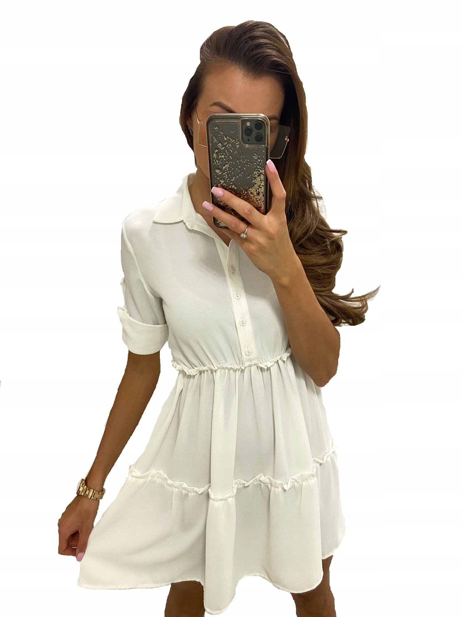 

Sukienka z falbanką ecru M/L Tmc Moda