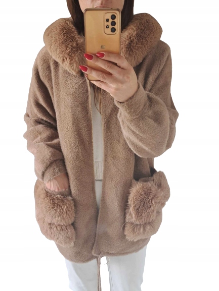 PŁASZCZ ALPAKA Z KAPTUREM KURTKA Z FUTERKIEM Kolor brązowy
