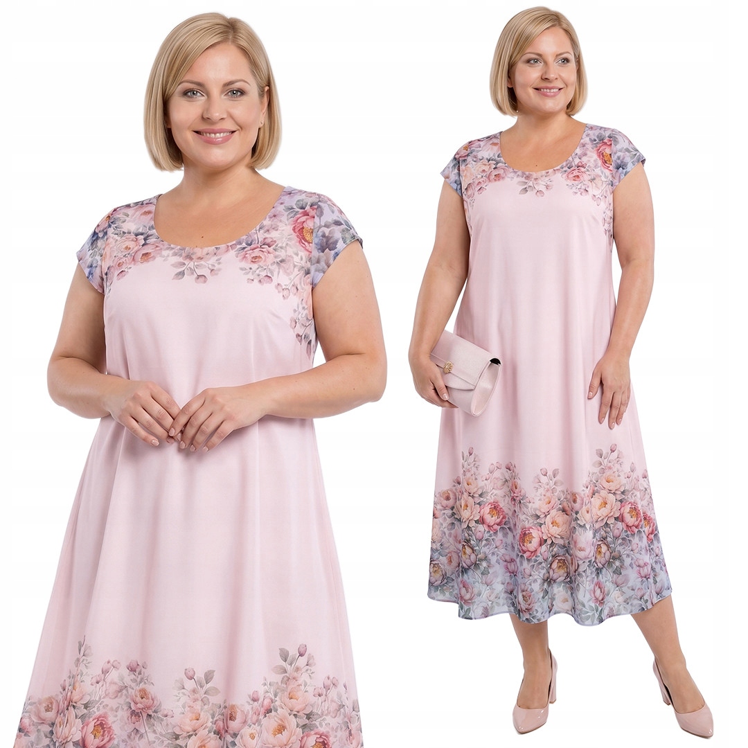 Růžová šaty ve spodní a horní části s květinami plus size velikost 50