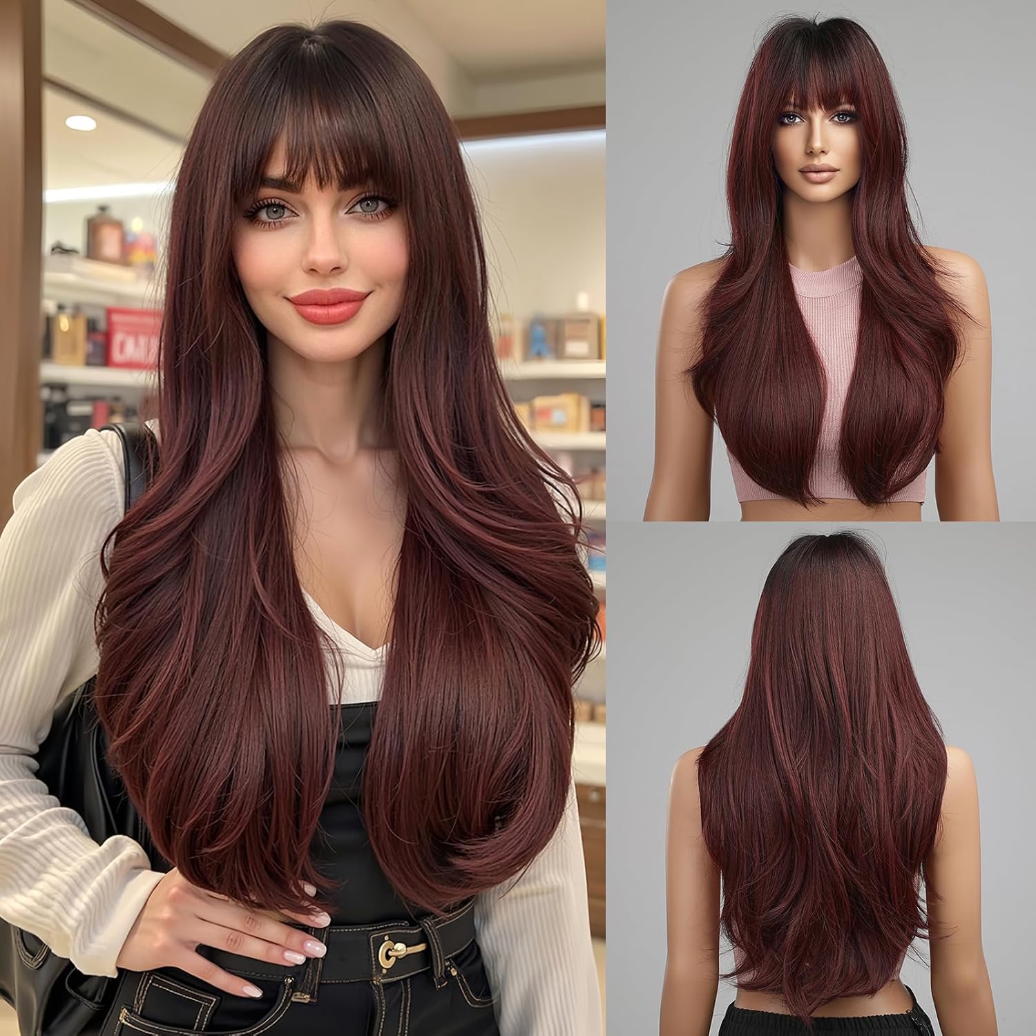 Peruka ombre burgund miedziana ciemne u nasady fale grzywka długie 24" 61cm