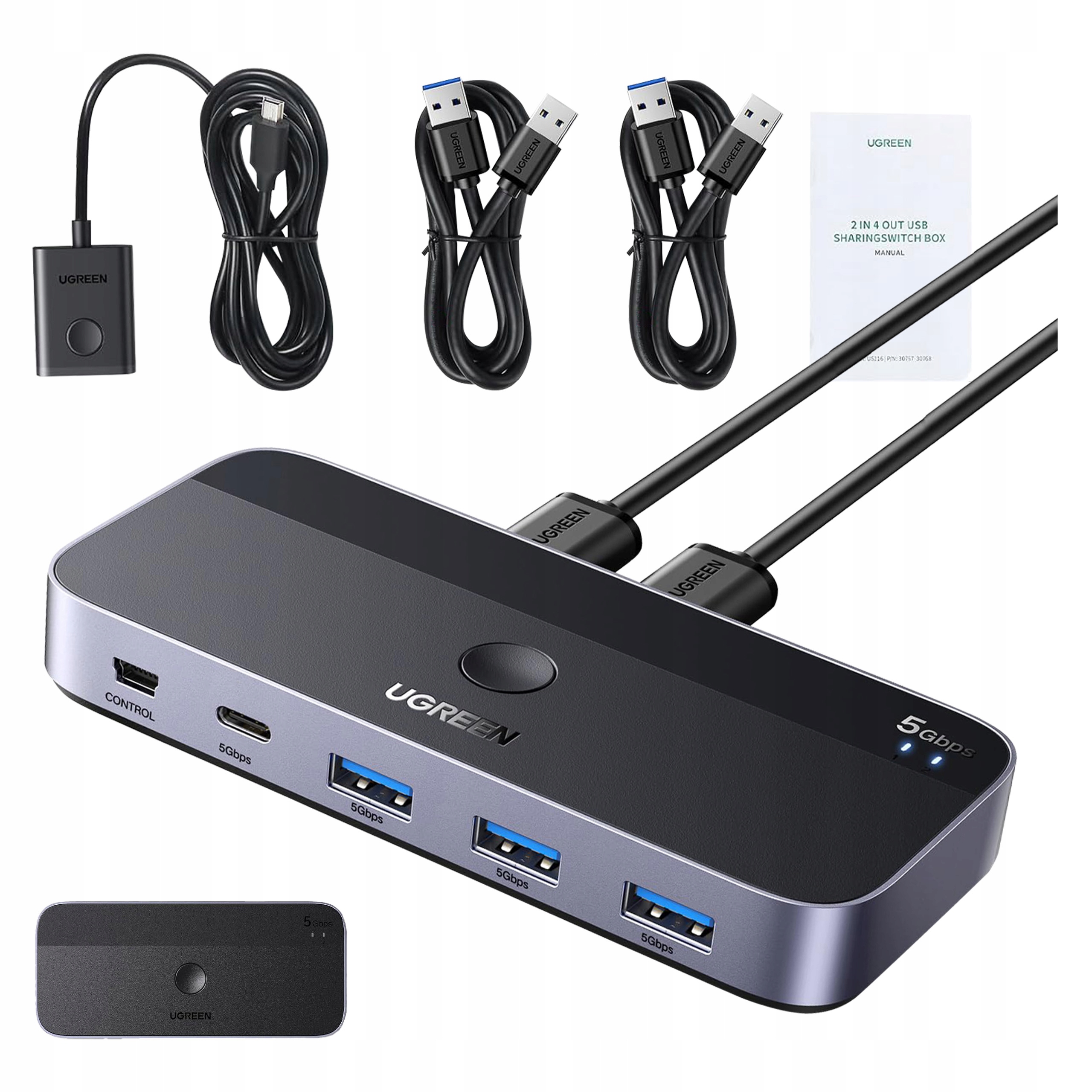 Ugreen Przełącznik Rozgałęźnik Switch Hub 3x Usb 3.0 Usb-c 5Gb/s Z Pilotem