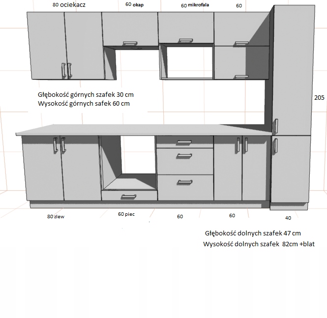 Meble kuchenne .JUŻ SKRĘCONE .NA WYMIAR .MODUŁOWE. Kolor blatu dąb lancelot