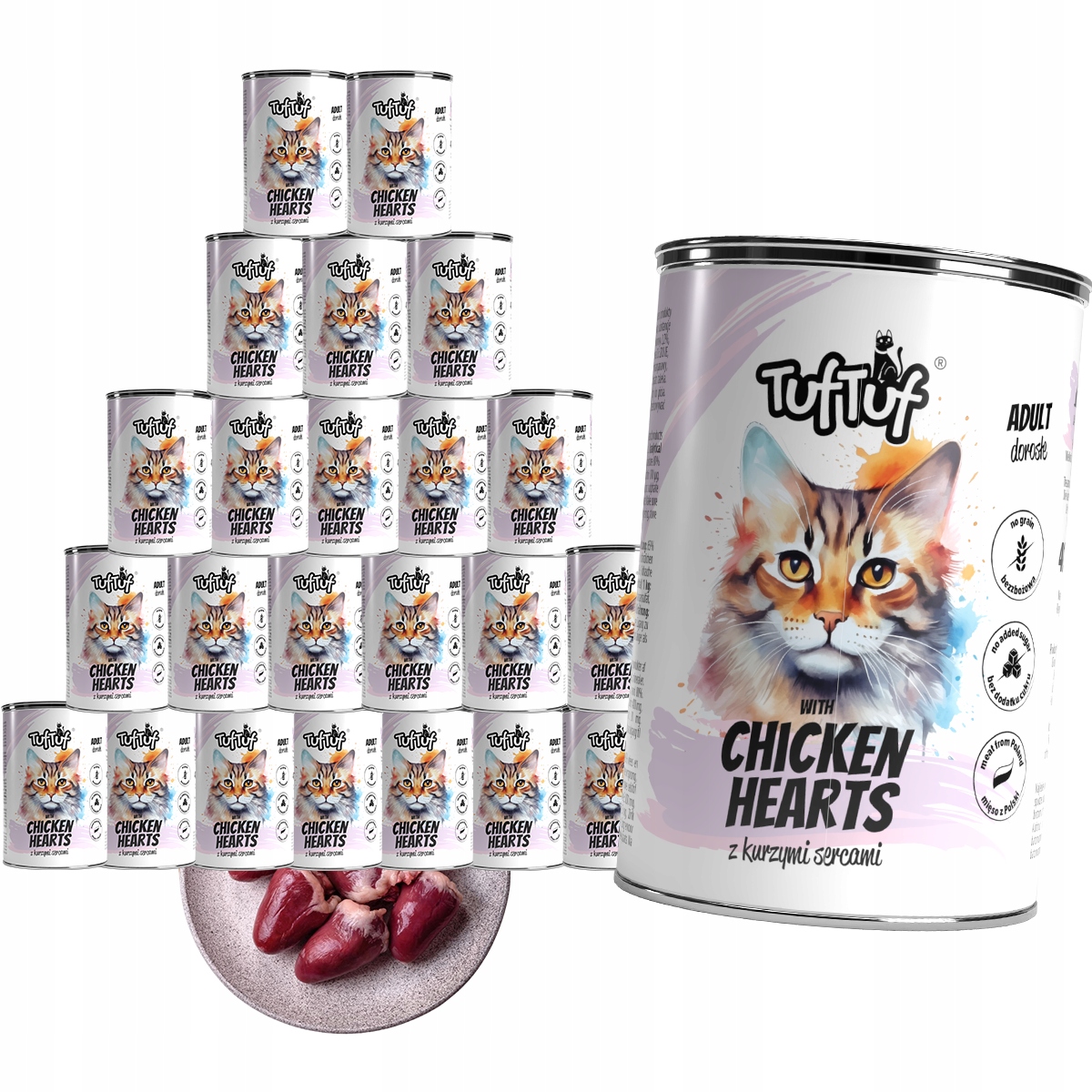Levně Mokré Krmivo Pro Kočky TufTuf Plechovka s kuřecími srdíčky 24x400 g