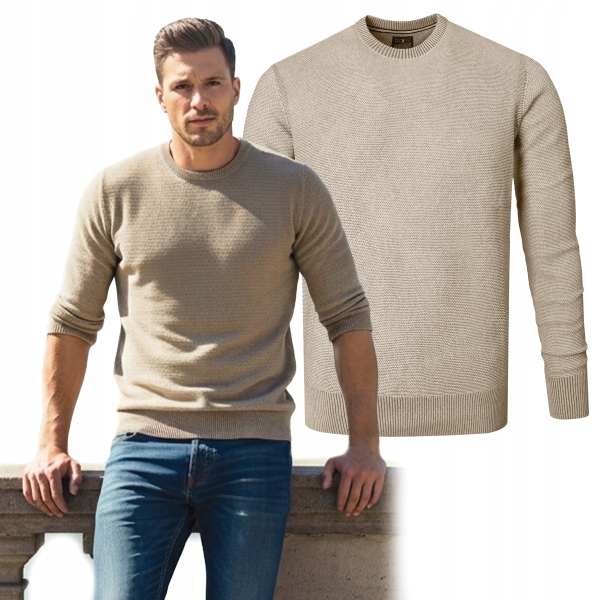 Elegantní pánský béžový klasický bavlněný svetr Ignacio XL Pako Jeans