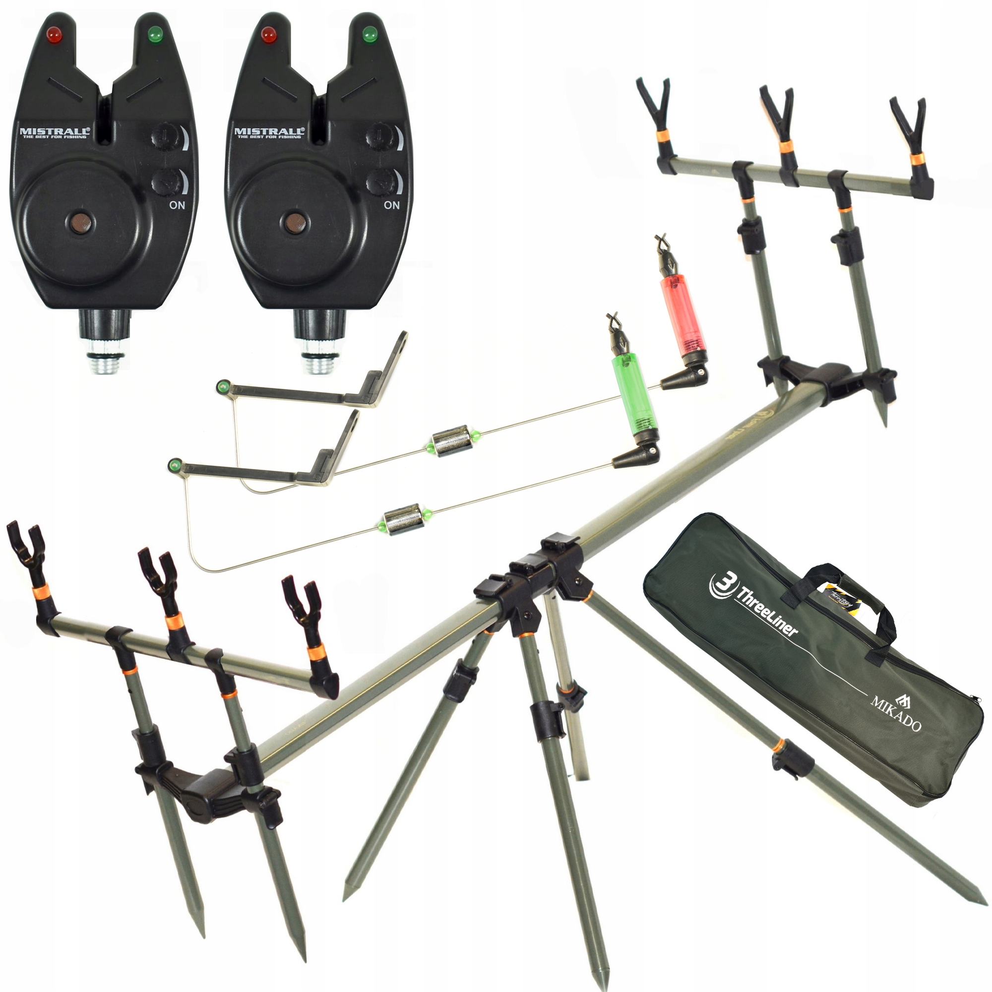 STOJAK MIKADO ROD POD WĘDKI 2x SYGNALIZATOR BRAŃ