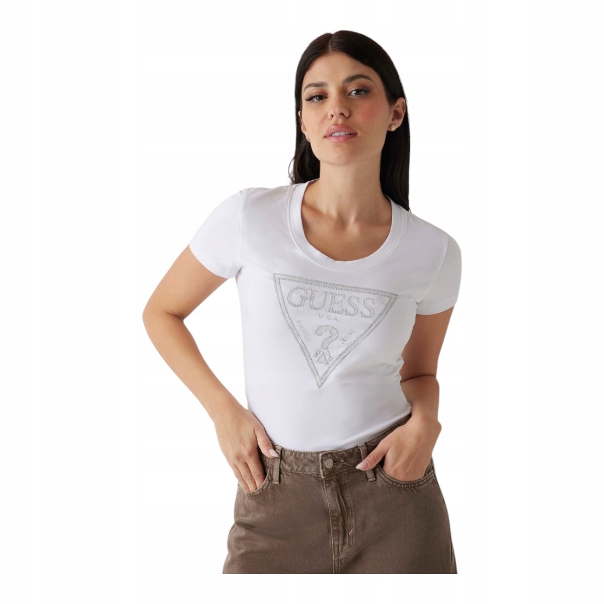 Guess Tričko Dámské Tričko Ss Cn Shiny Triangle Bílé vel. S