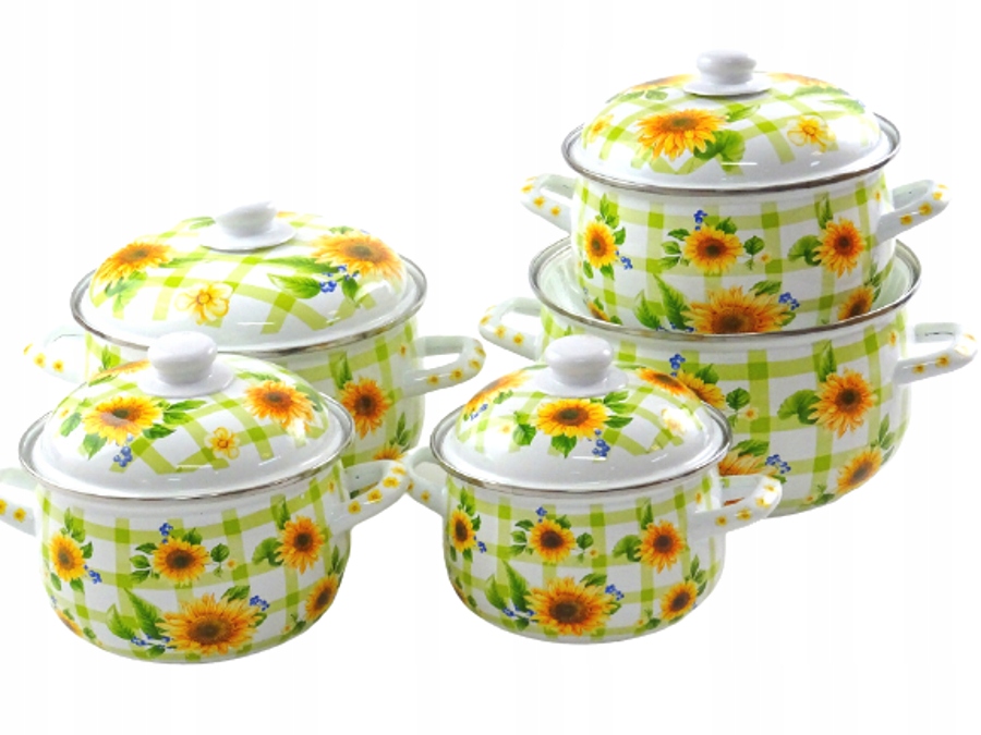 GARNKI STAL WĘGLOWA CERAMICZNE EMALIOWANE SŁONECZNIKI 10 ELEMENTÓW ZILNER