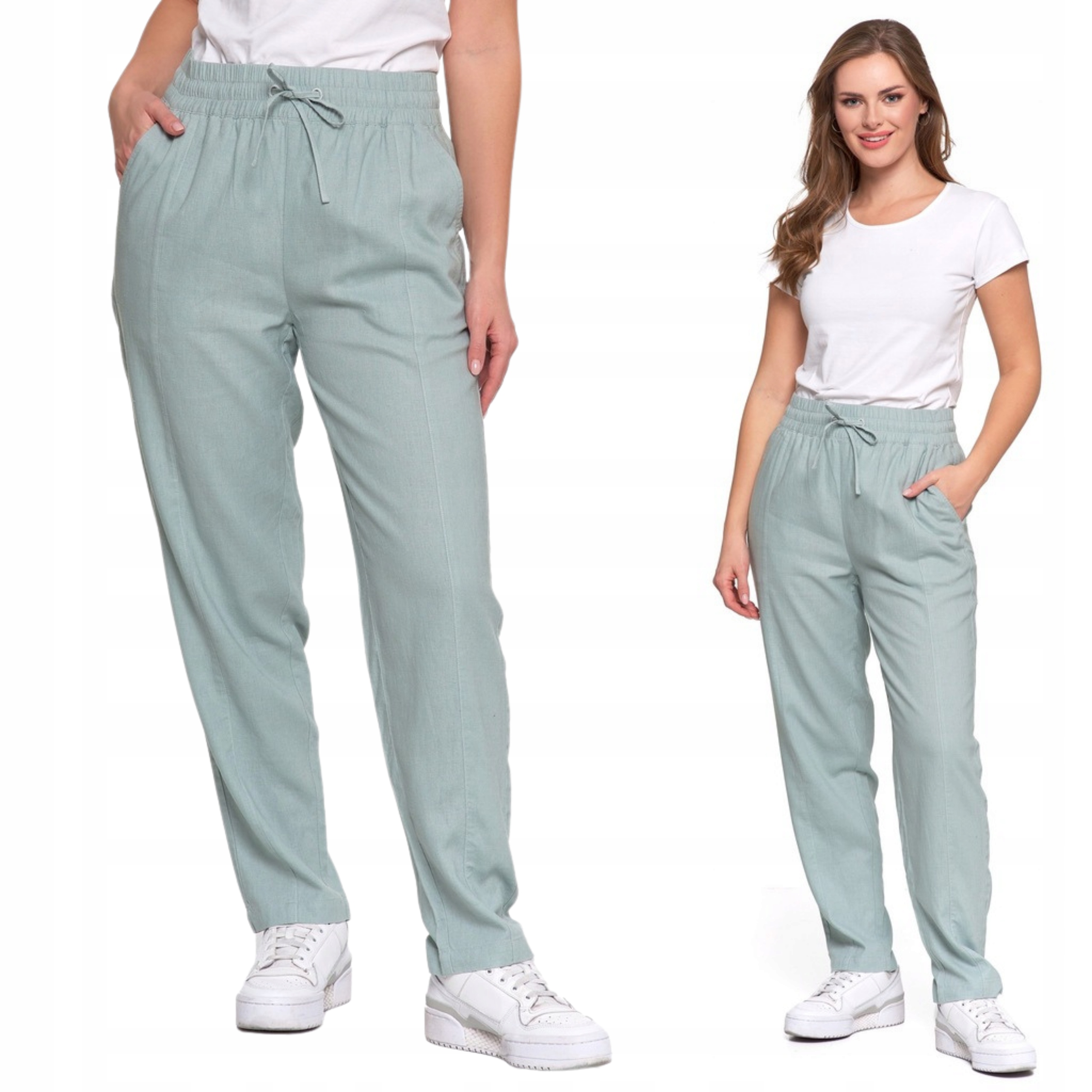 Lniane Spodnie Damskie Moraj Prosta Nogawka I Talia Na Gumce L