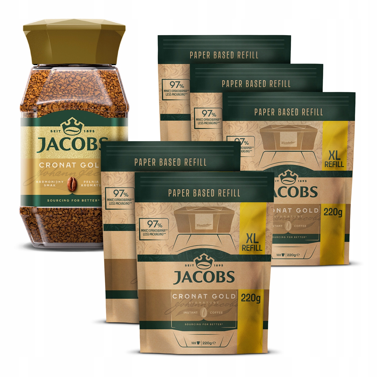 Zestaw kawa rozpuszczalna Jacobs Cronat Gold 200g refill XL zapas 5x 220g
