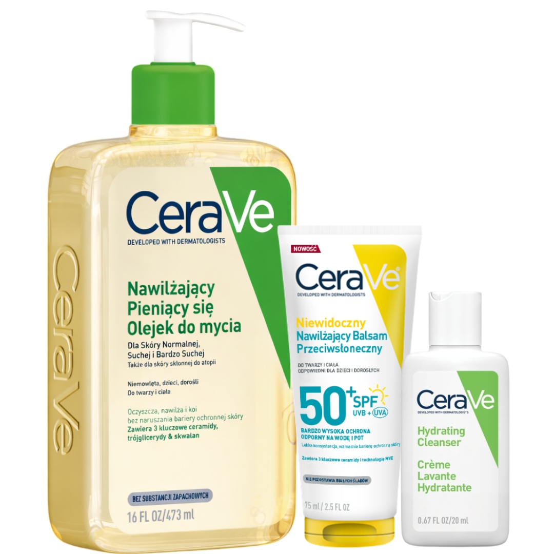 Zestaw CeraVe Balsam Spf 50+ 75 ml Olejek Nawilżający Pieniący Się 473ml