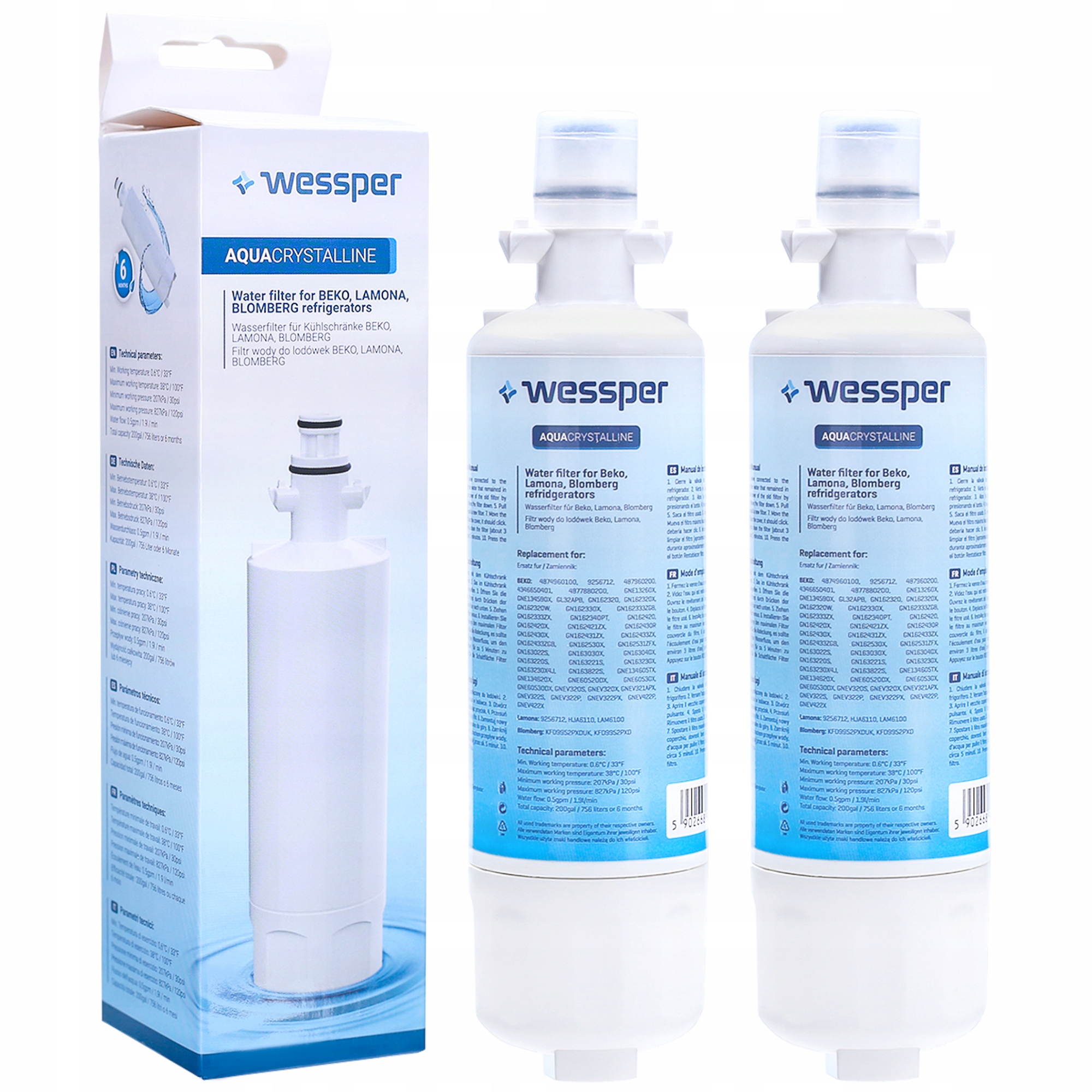 2x Filtr Wody Wessper do lodówki Beko Lamona zamiennik 4874960100