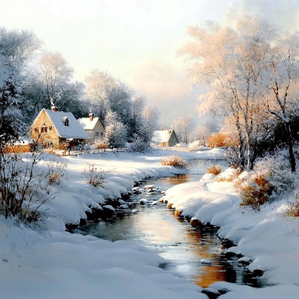 Obraz Na Plátně Canvas Krajina Zima Sníh Vesnice Řeka Potok 80x80
