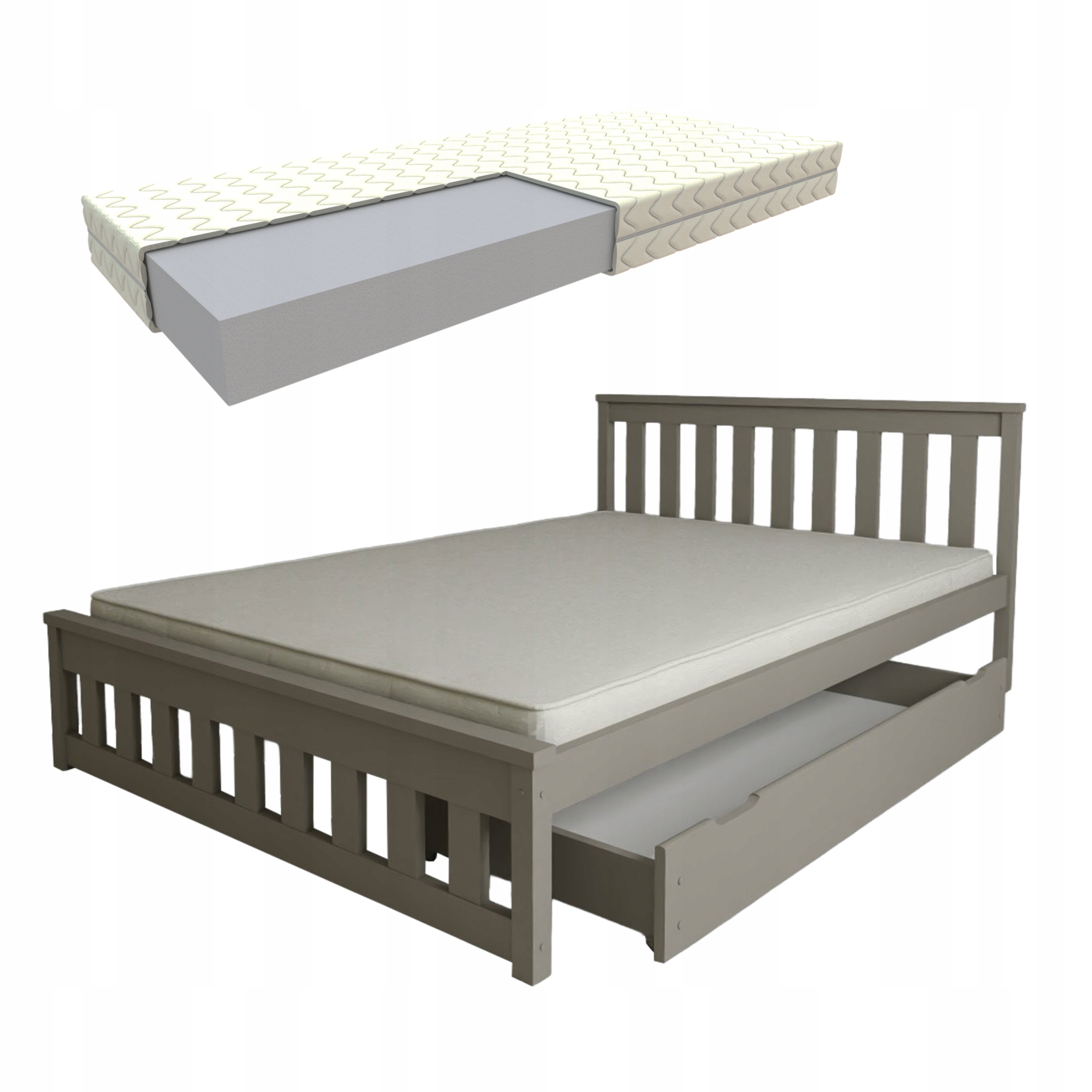 Dřevěná Postel Ada 140x200 Šedá Šuplík Matrace Pěnový Rošt Bonus