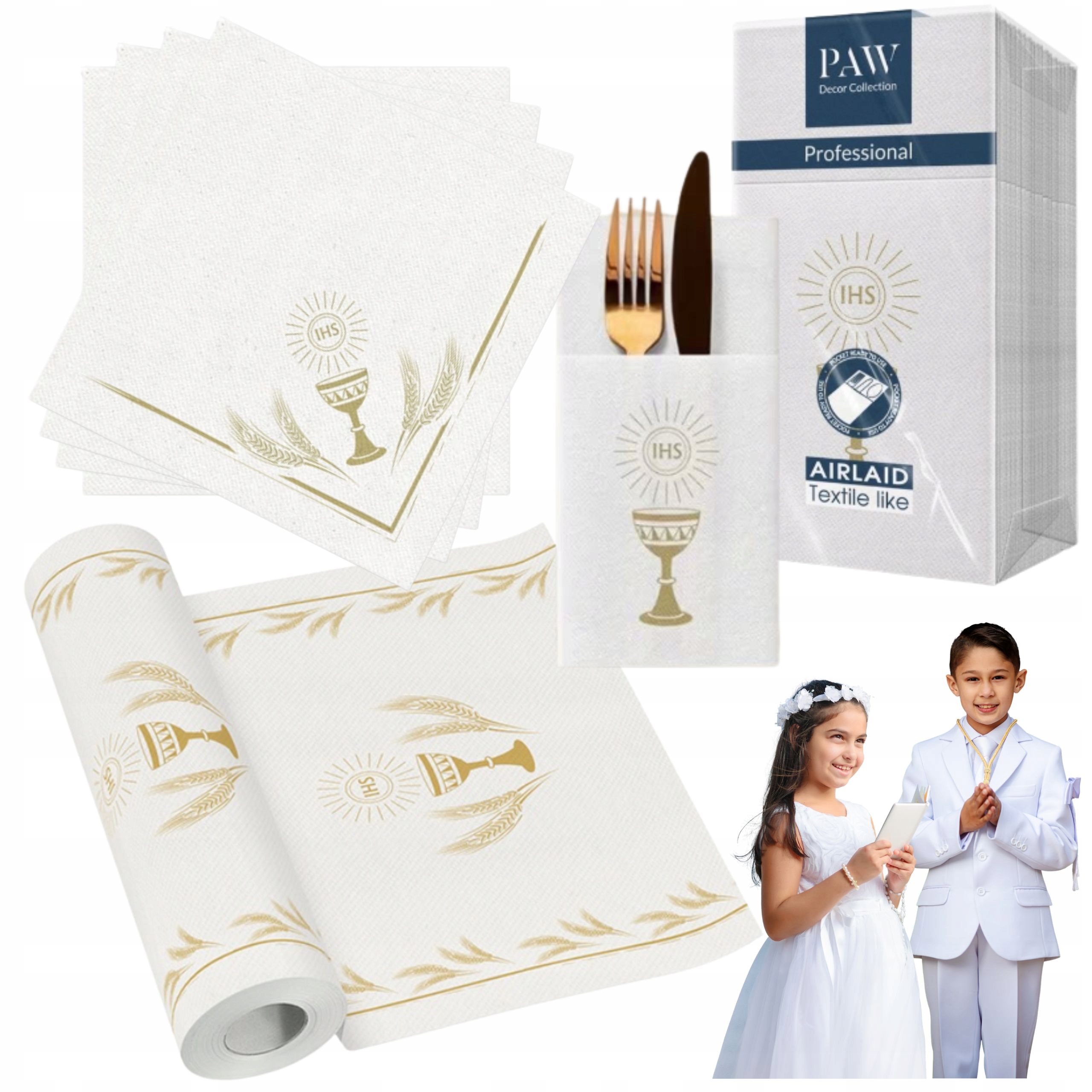 Serwetki Kieszonki Bieżnik Flizelinowy 5m Komunia Złota Hostia Paw