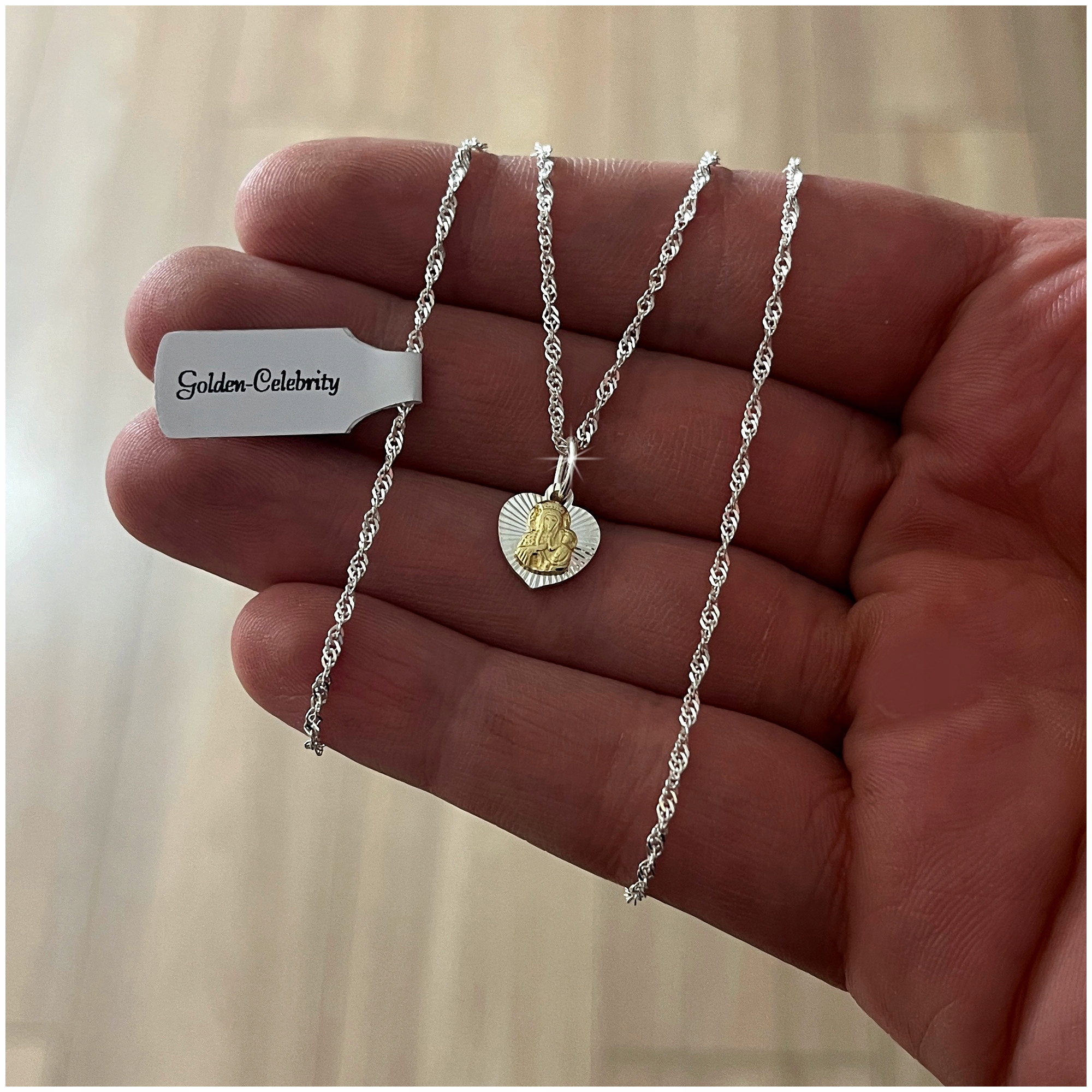 SREBRNY ŁAŃCUSZEK + MEDALIK MATKA BOSKA 925 PREZENT KOMUNIA CHRZEST GRAWER Marka Golden Celebrity