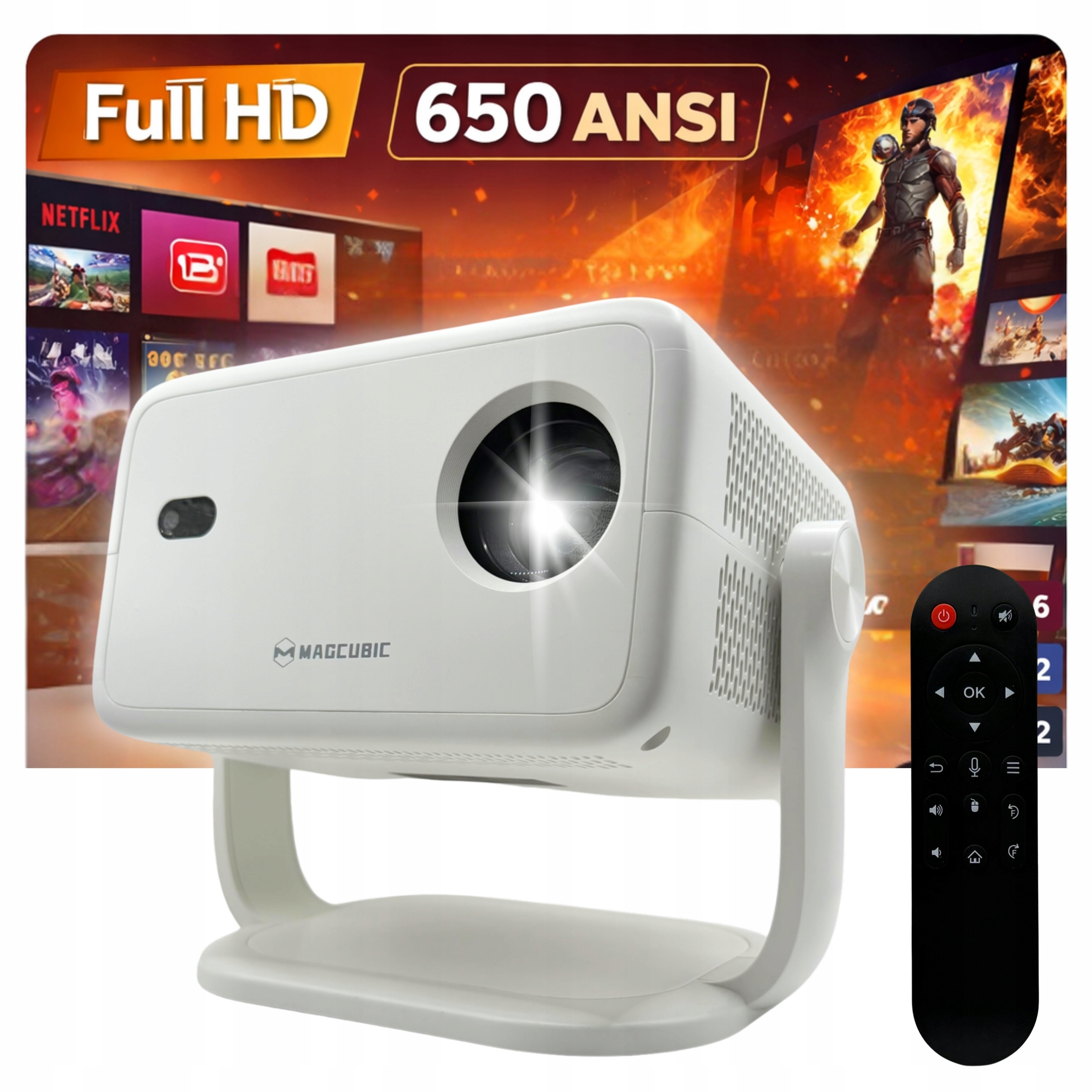 LCD projektor Full Hd 1080p 650 Ansi Android 14 WiFi 6 Otočný 360°+ Darček