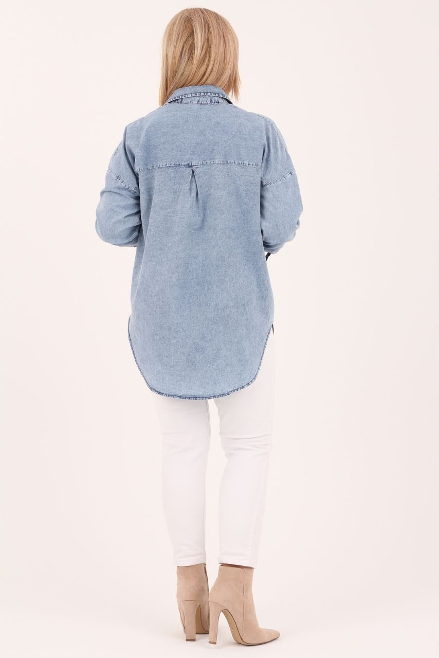 KOSZULA JEANSOWA DAMSKA DUŻE ROZMIARY ELEGANCKA DŁUGA OVERSIZE STYLOWA Rozmiar 50