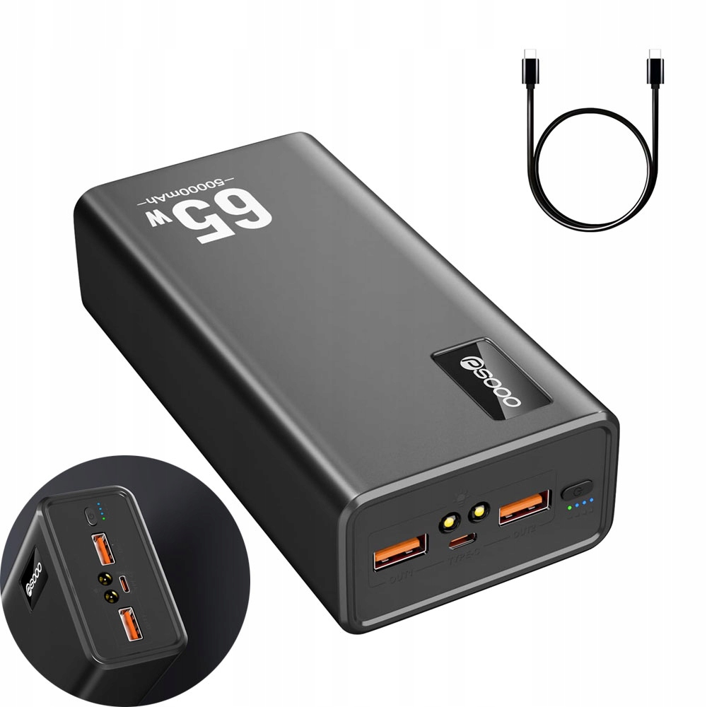 Power Bank Z Szybkim Ładowaniem 50000MAH 65W 2 Usb Type-C Z Kablem