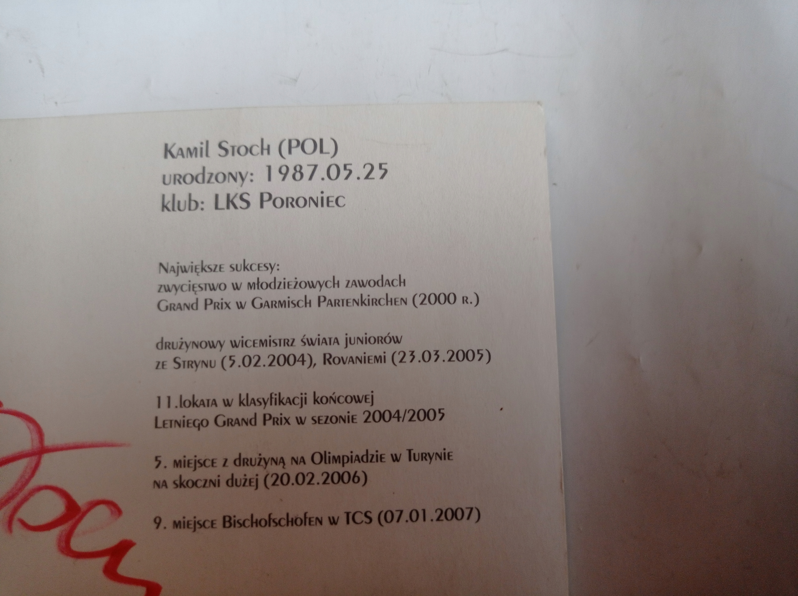 KAMIL STOCH - AUTOGRAF + KARTKA POCZTOWA Rok 2007