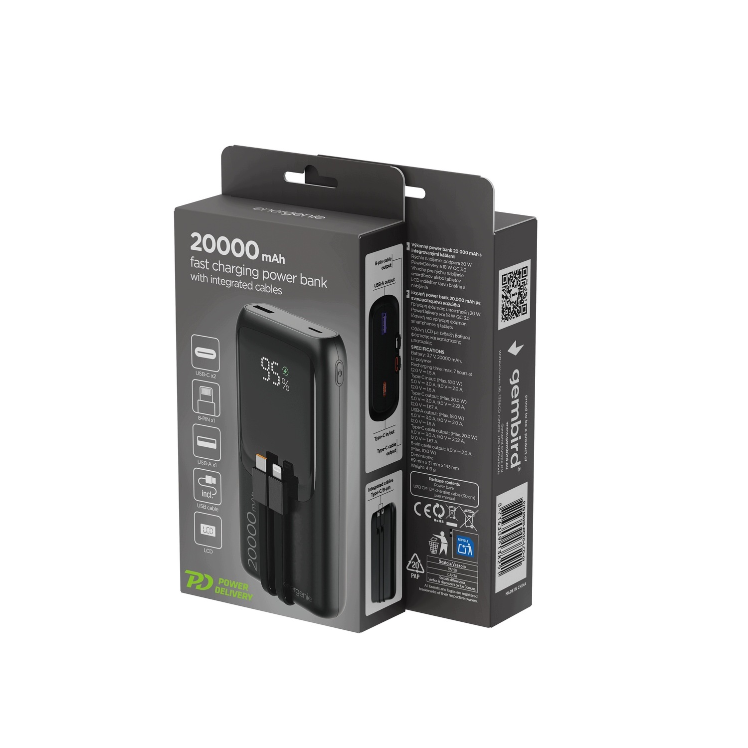 Gembird PowerBank 20000mAh ze zintegrowanymi kablami Qc 3.0 LCD 20W czarny