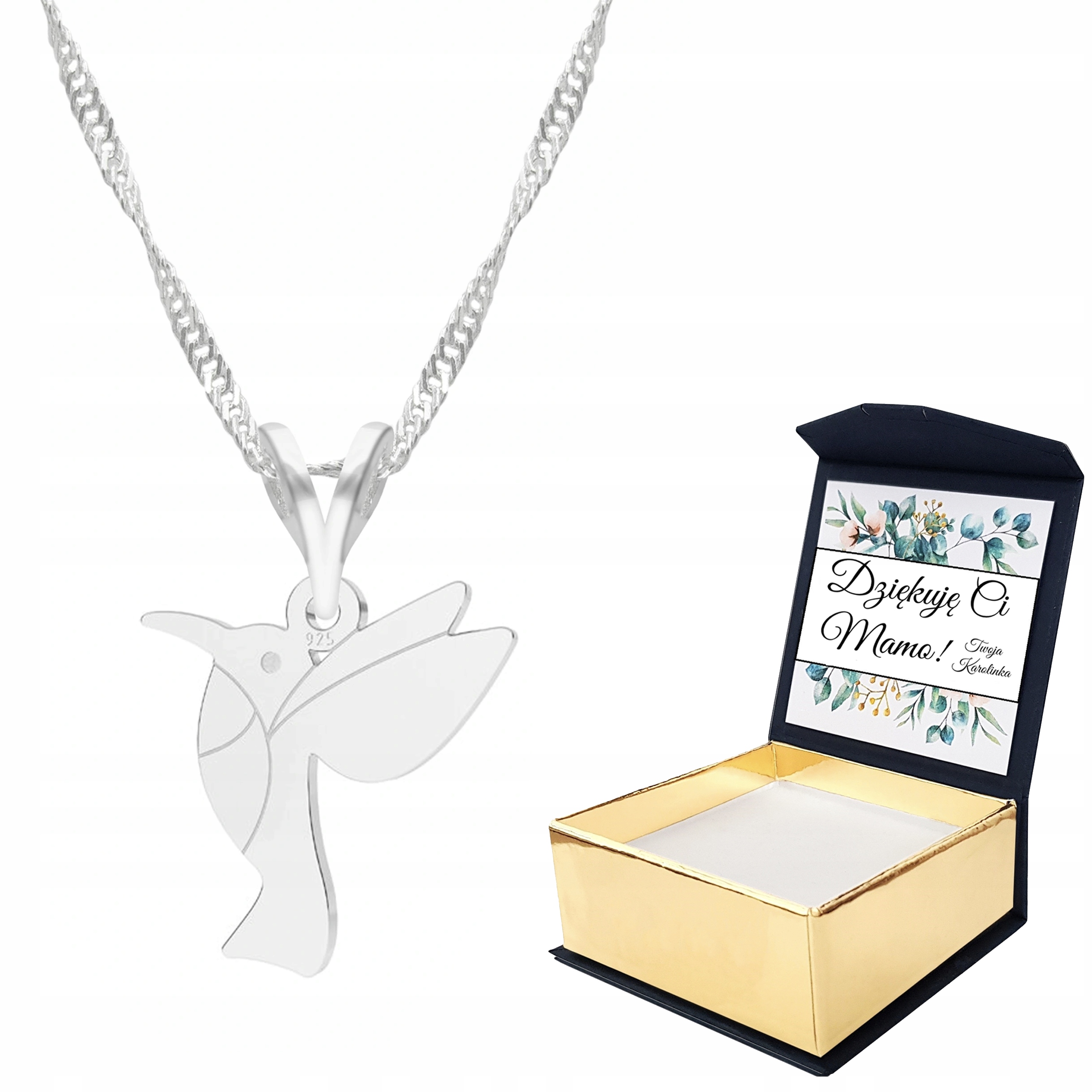 Stříbrný náhrdelník Pták kolibřík ryzost 925 Vlastní Potisk