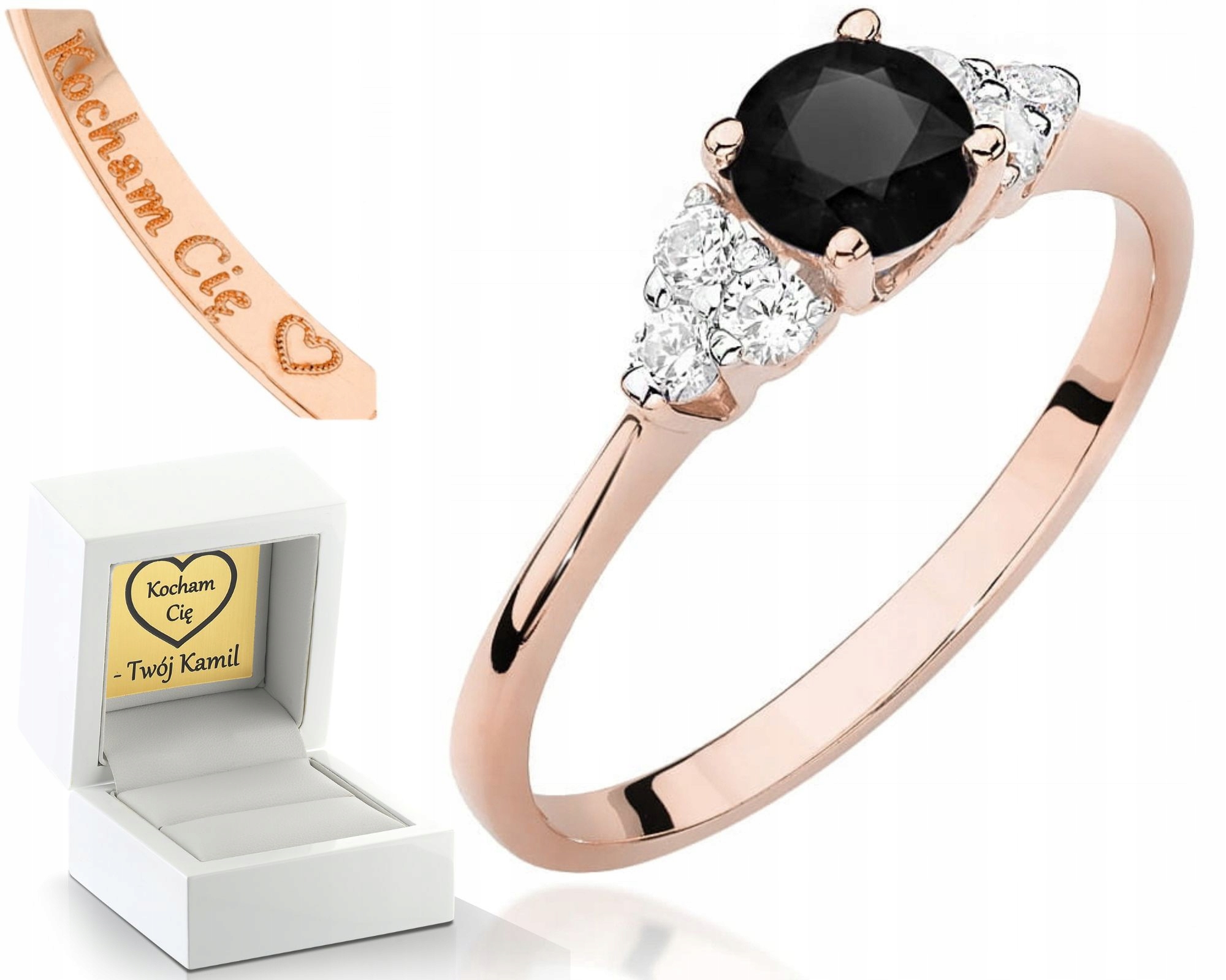 Růžové Zlato Prstýnek Černý Briliant A Diamanty 585 Gravírování