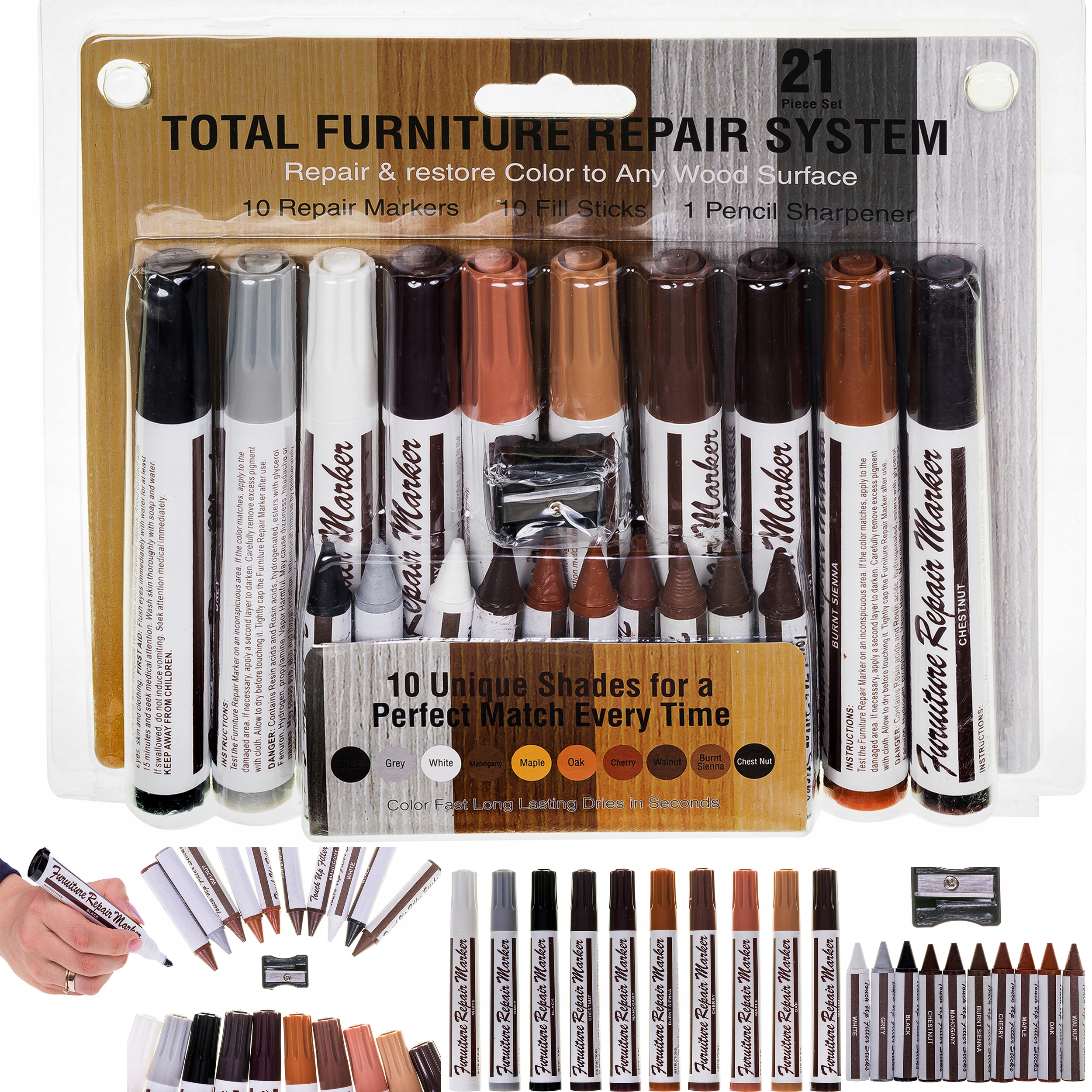 DUŻY zestaw do naprawy paneli mebli MARKERY WOSKI + temperówka