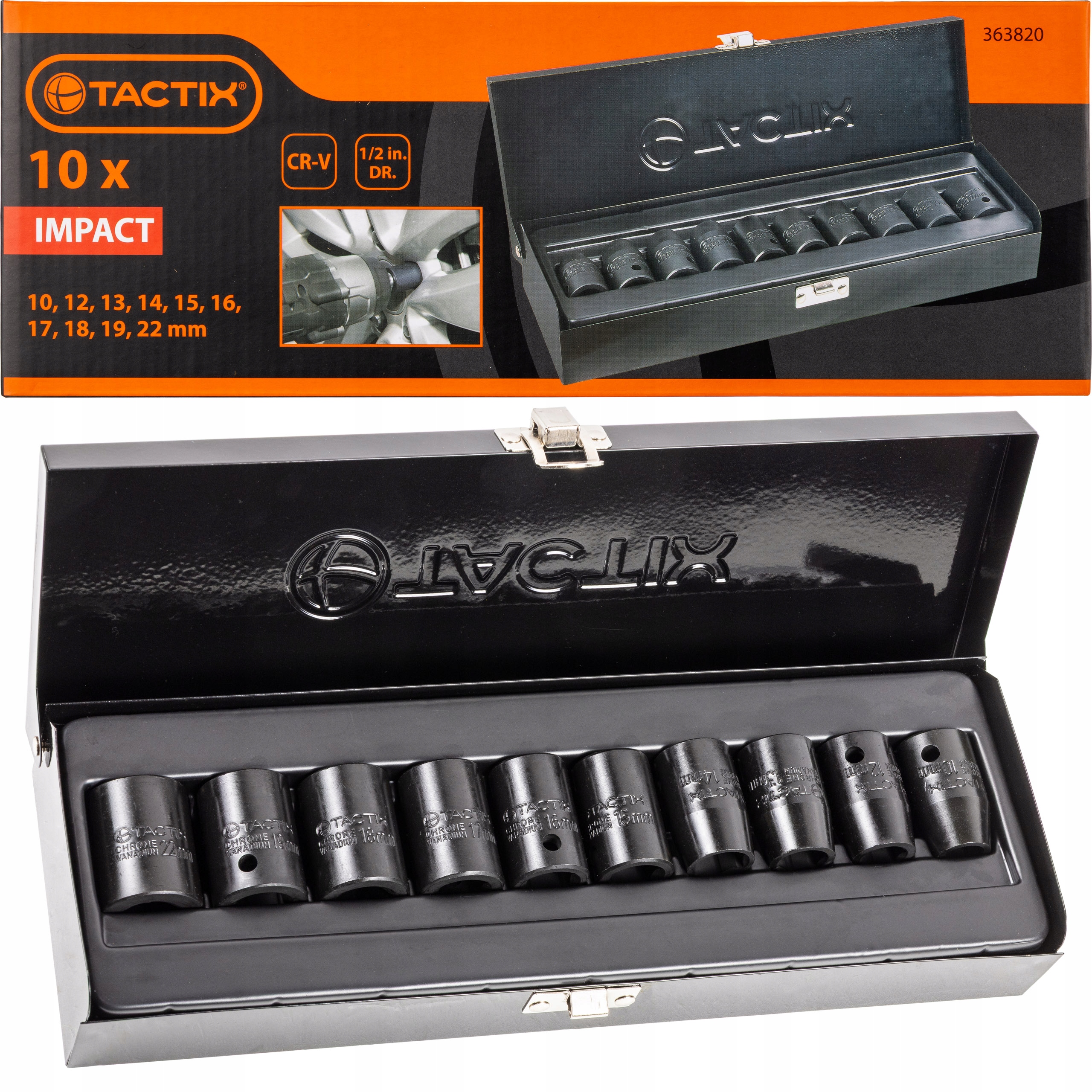 Nárazové nástavce 10-22 mm šestihranné 1/2" kalené, kované, 10 kusů Tactix