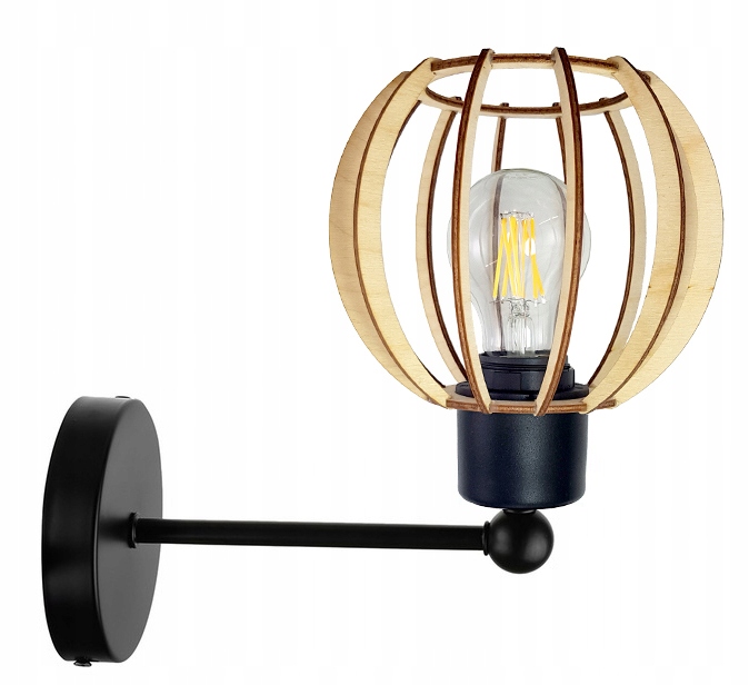 LAMPA KINKIET E27 ścienny stały loft KULA Drewno Kolor czarny odcienie brązu i beżu