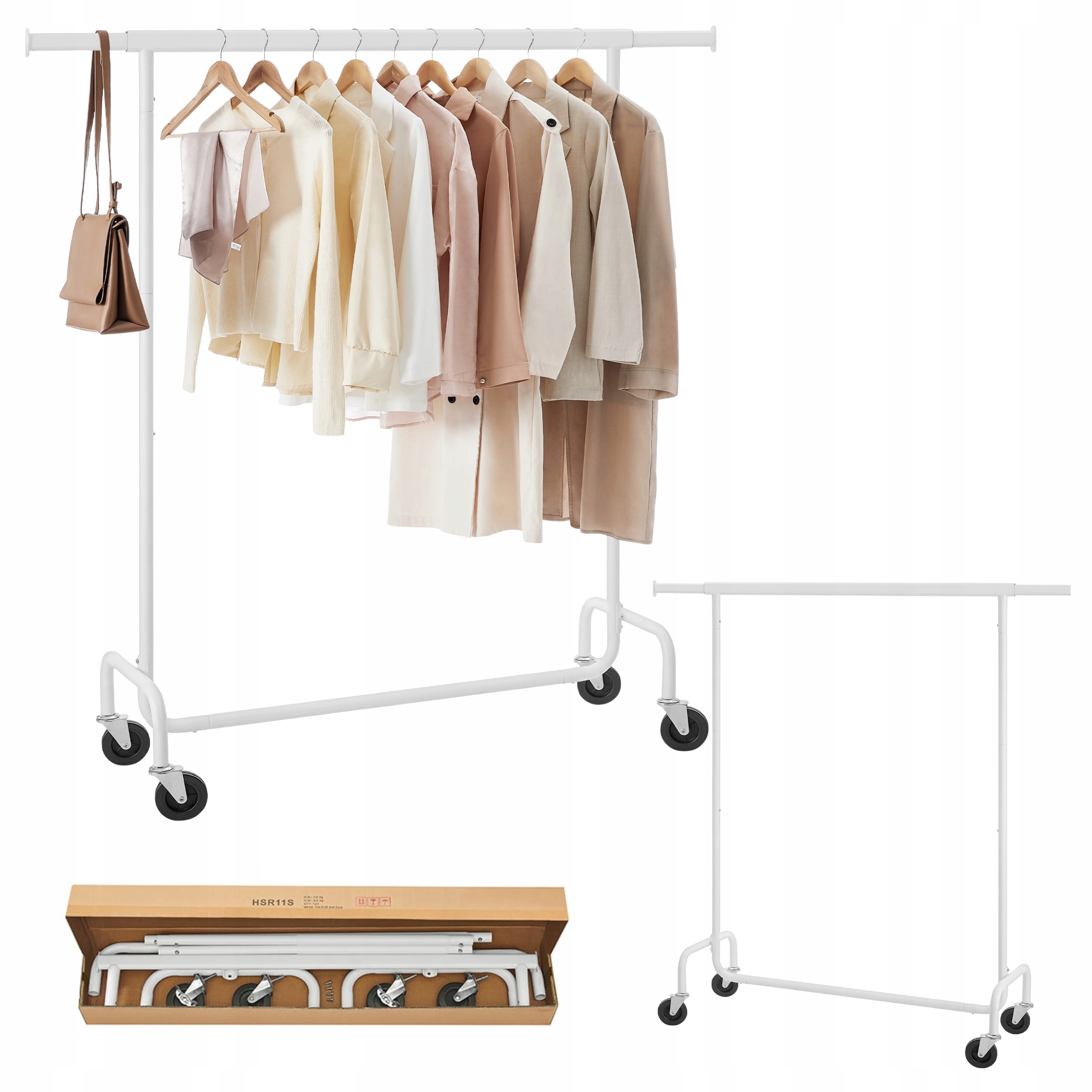 Věšák na oblečení na kolečkách, stojící, velký, nastavitelná šířka, bílý