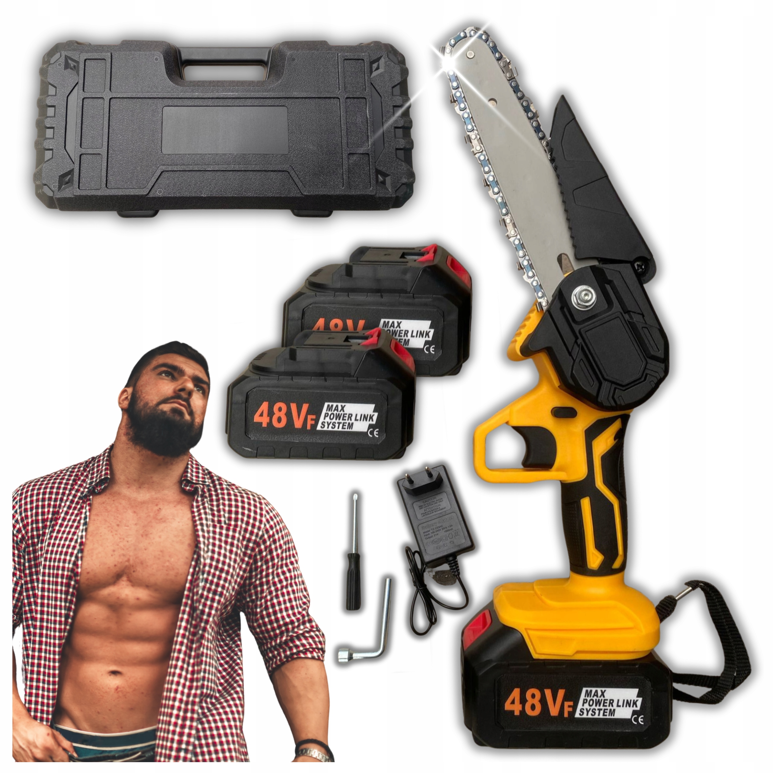Aku Řetězová Pila 48vf Mini pro větve 2xaku Kufr Sada