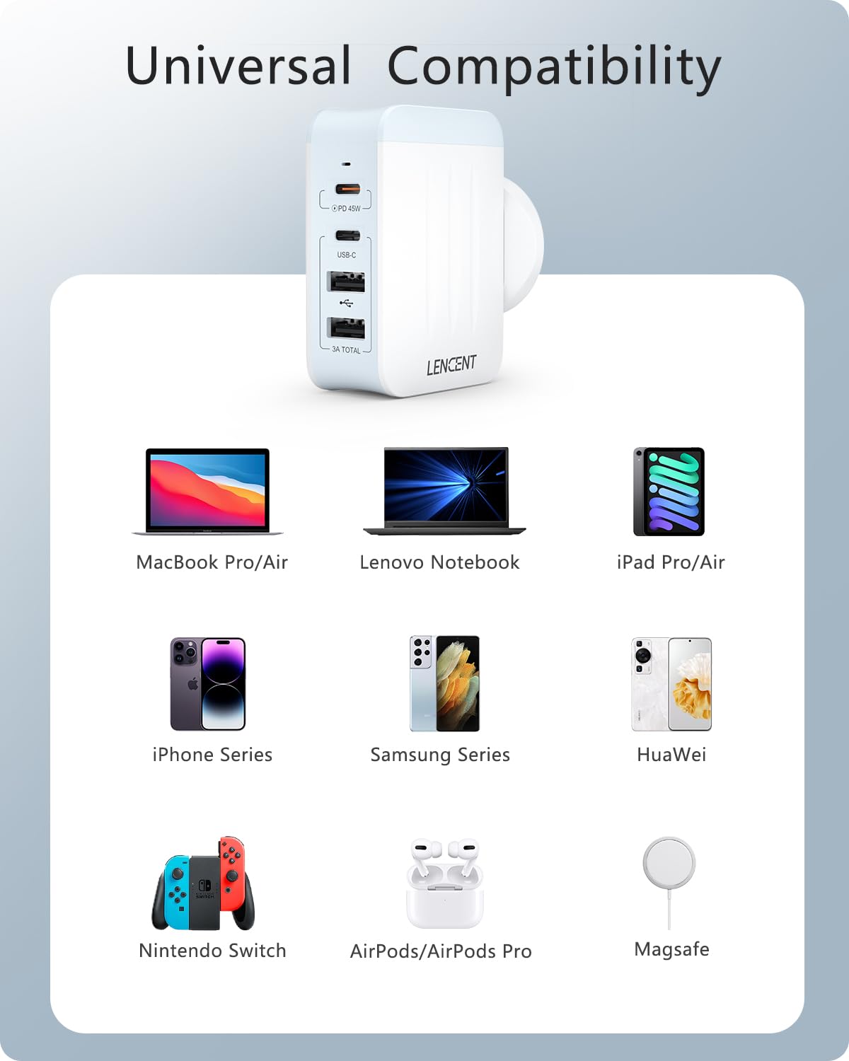 LENCENT Adapter Podróżny USB 45W Typ-C USB Wielofunkcyjny Biały — miniatura 6