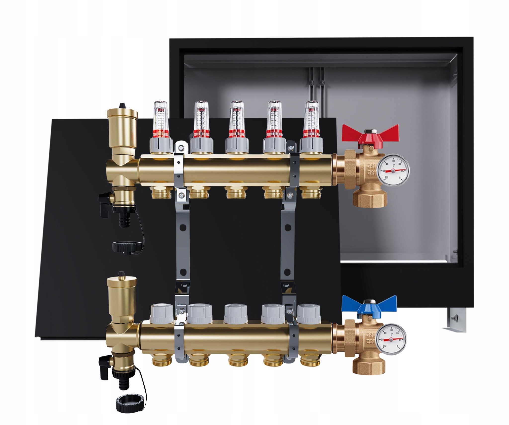 Rozdělovač Pro Podlahu 5 Okruhů S Podomítkovou Skříní, Černý Ventily