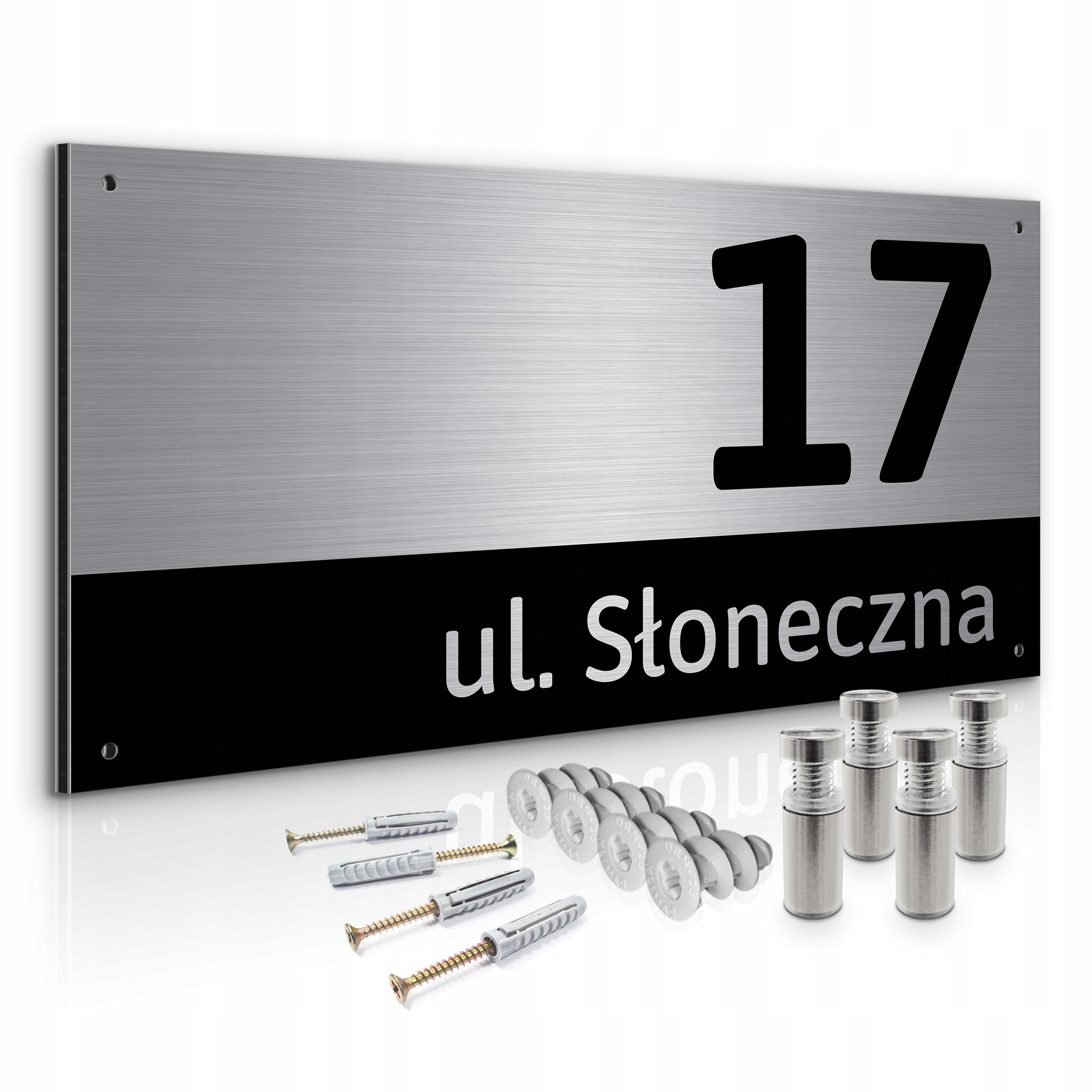 NIERDZEWNY NUMER NA DOM 42x21cm TABLICZKA ADRESOWA ALUMINIUM + DYSTANSE