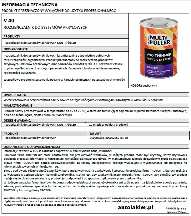 5 litr V40 rozcieńczalnik uniwersalny MULTIFULLER AKRYL PODKŁAD EPOXYD 266 Numer katalogowy producenta 266ec-5
