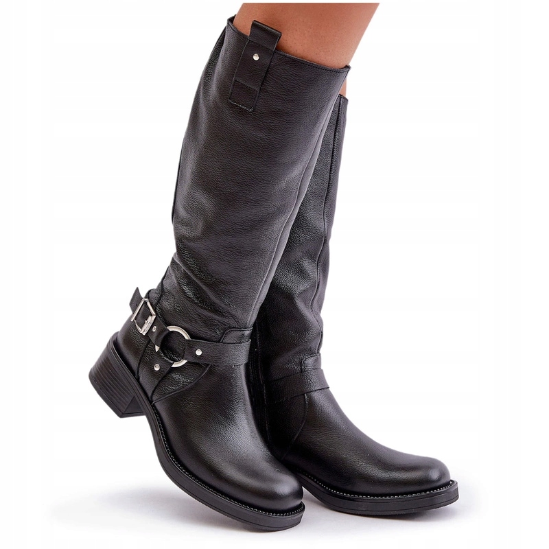 Dámské Kozačky Z Přírodní Zateplené Kůže S Nízkým Podpatkem Zazoo 70141 Černé 37