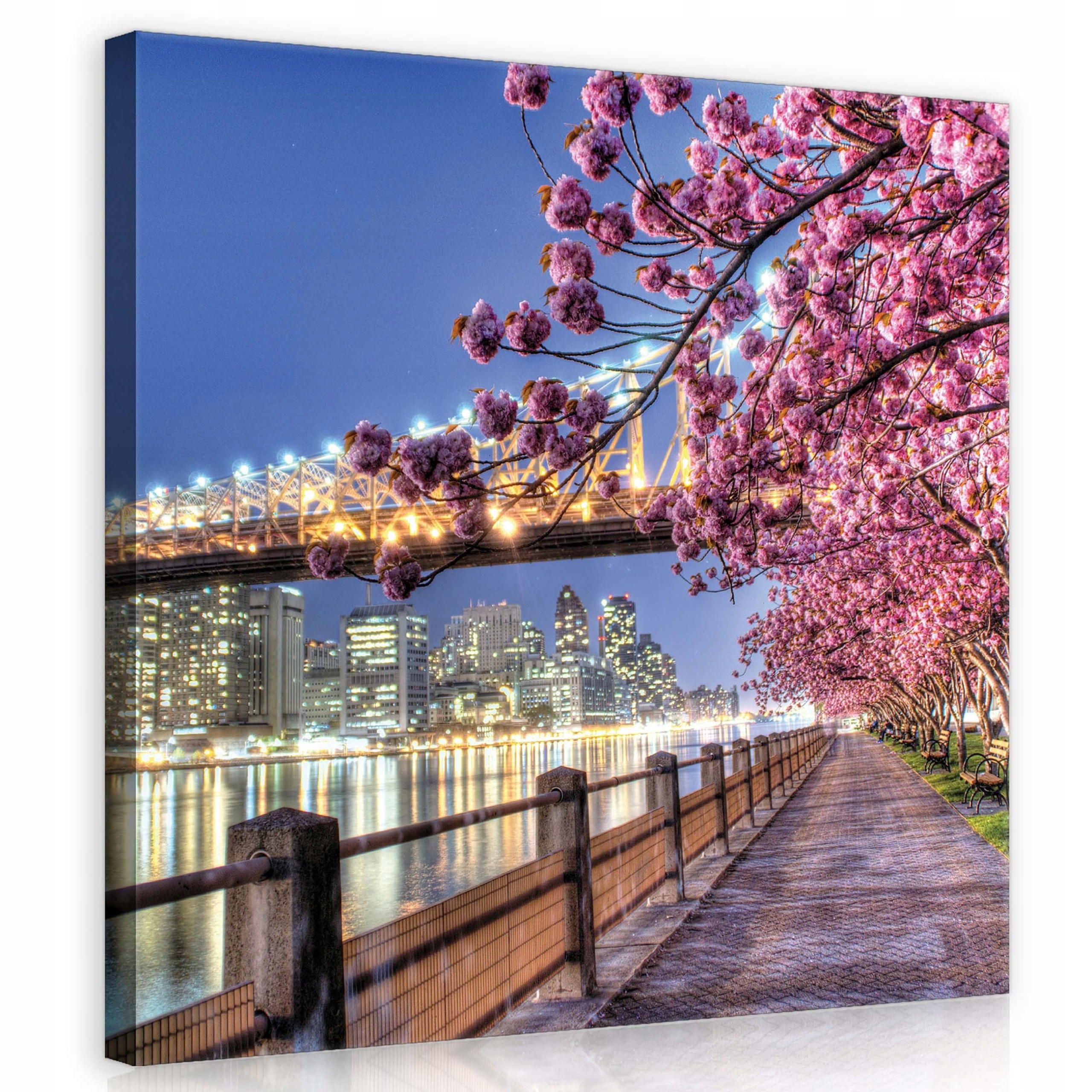 Obraz 80x80 Noční krajina města most květiny sakura odrazy romantismus