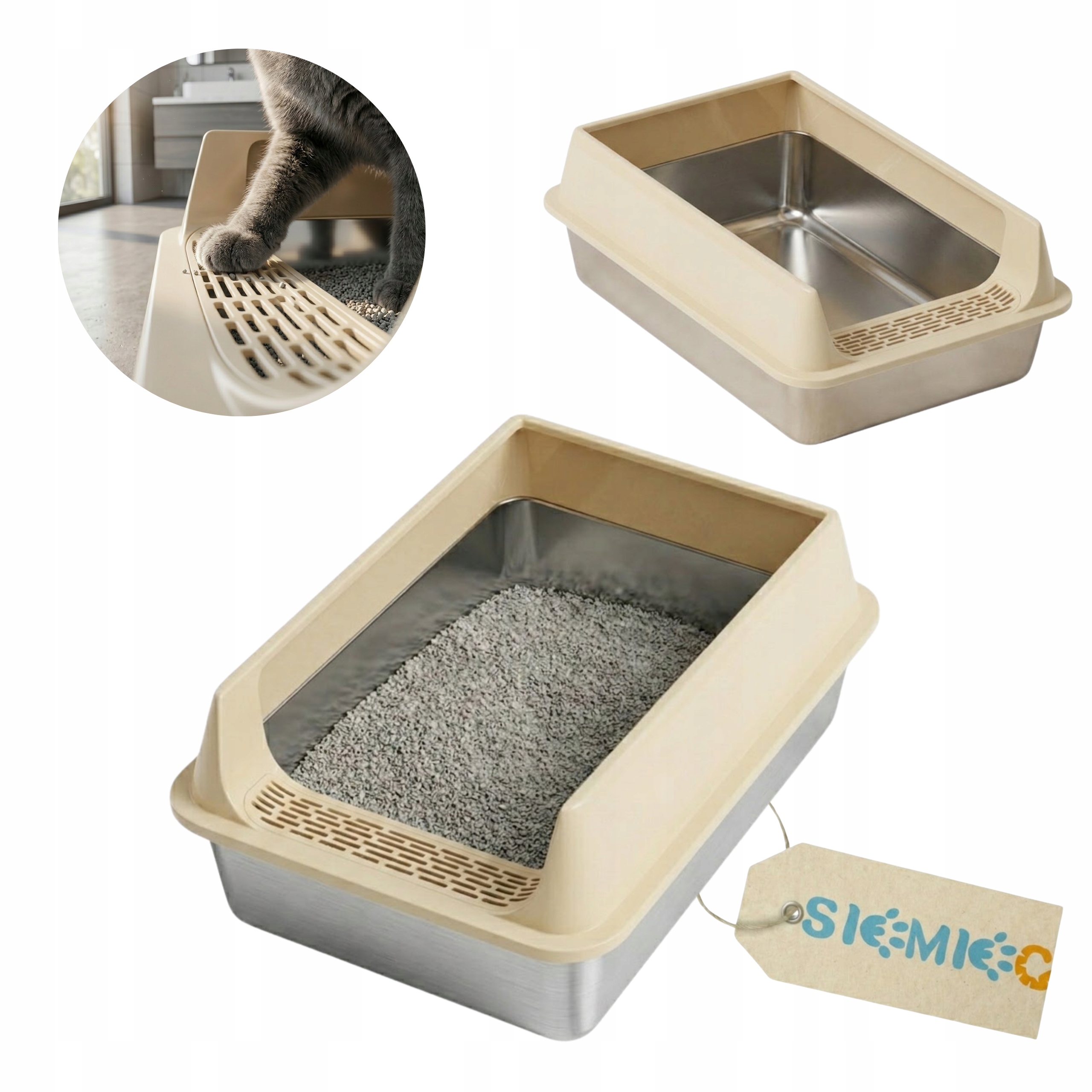 Velká Otevřená Toaleta Pro Kočky Béžová vel. L Z Nerezové Oceli Lopatka